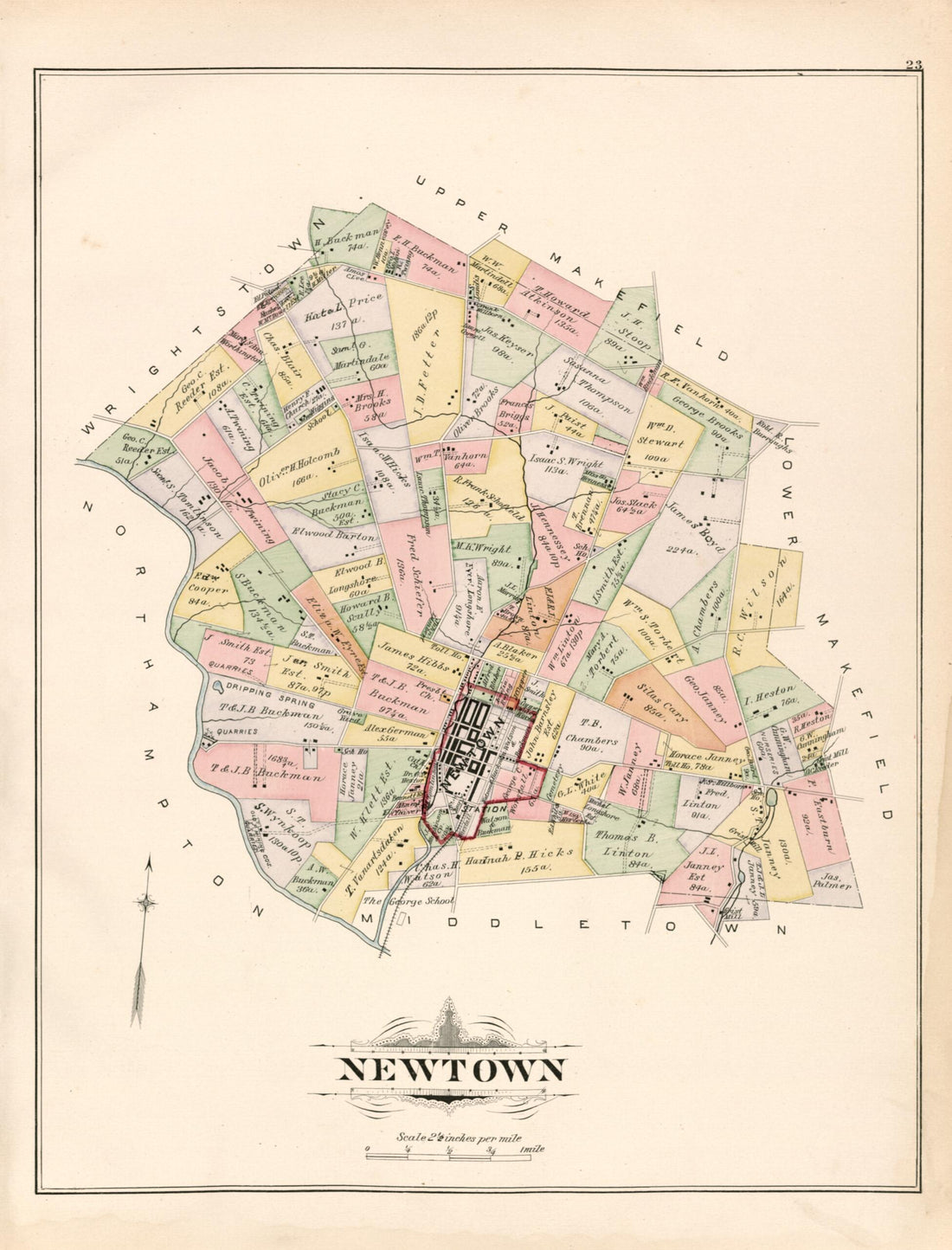 This old map of Newtown from Atlas of Bucks County, Pennsylvania from 1891 was created by A. H. (August H.) Mueller in 1891