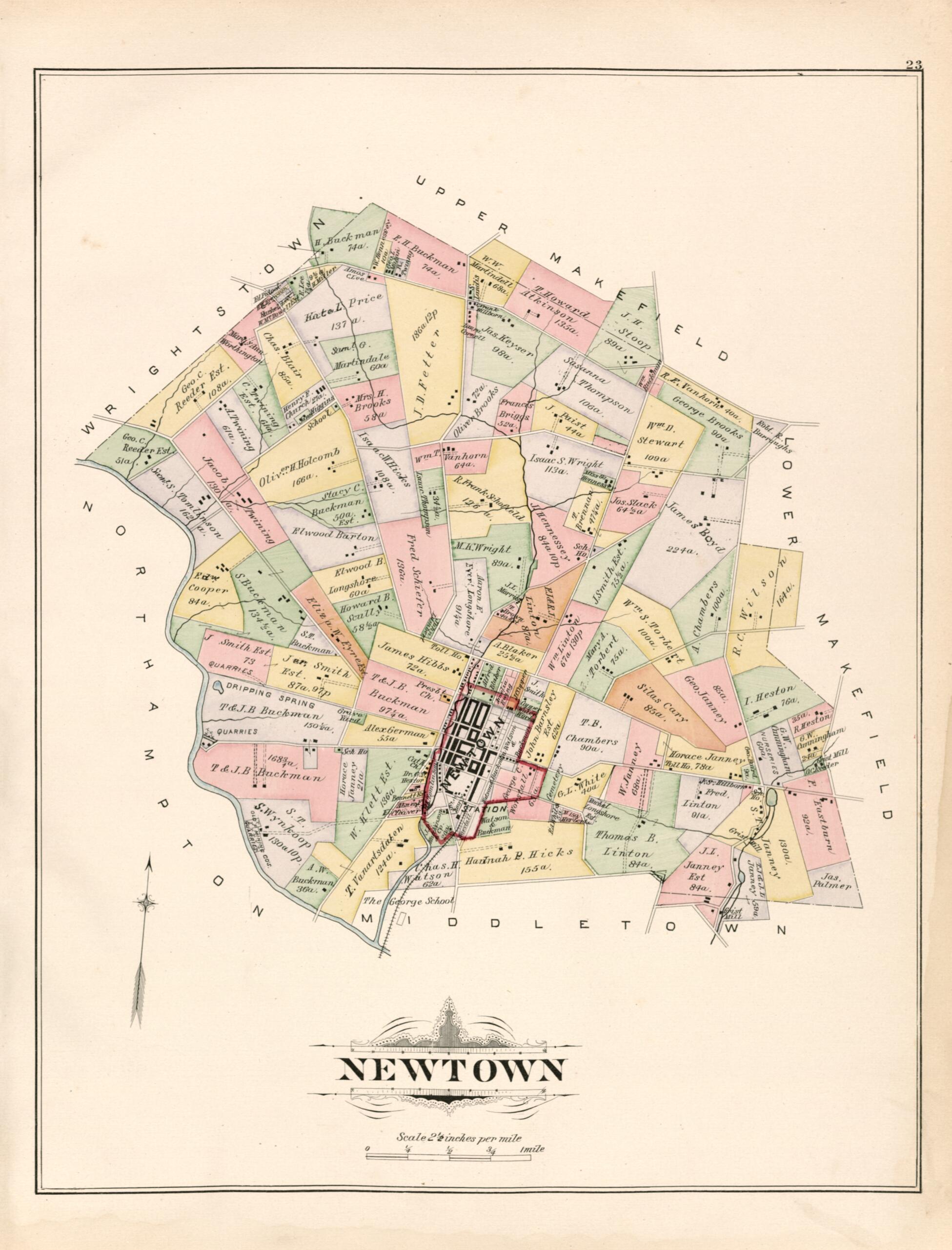 This old map of Newtown from Atlas of Bucks County, Pennsylvania from 1891 was created by A. H. (August H.) Mueller in 1891