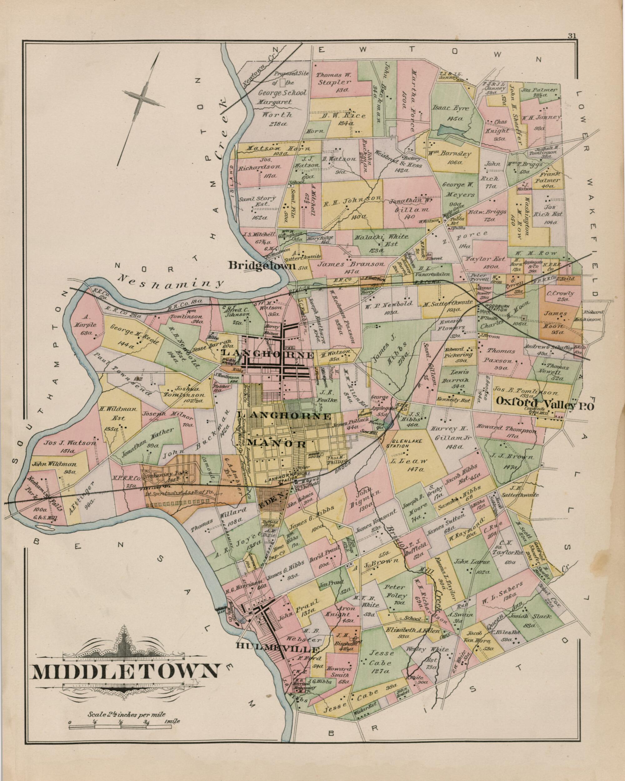 This old map of Middletown from Atlas of Bucks County, Pennsylvania from 1891 was created by A. H. (August H.) Mueller in 1891