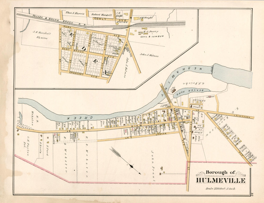 This old map of Borough of Hulmeville from Atlas of Bucks County, Pennsylvania from 1891 was created by A. H. (August H.) Mueller in 1891