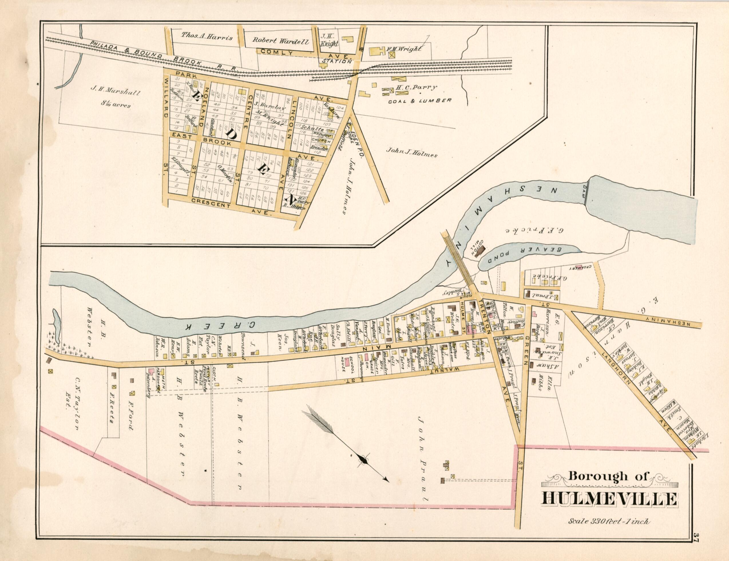 This old map of Borough of Hulmeville from Atlas of Bucks County, Pennsylvania from 1891 was created by A. H. (August H.) Mueller in 1891