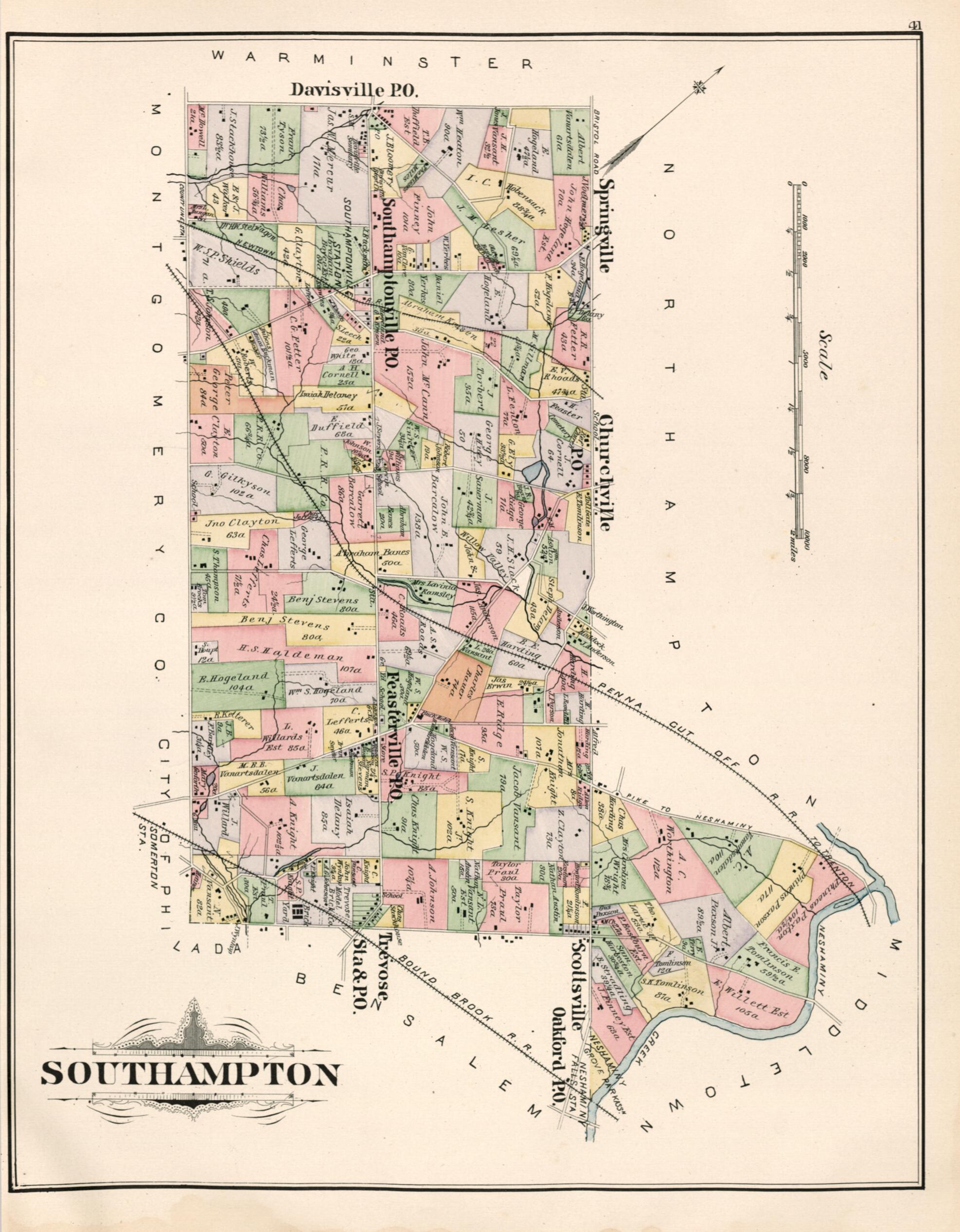 This old map of Southhampton from Atlas of Bucks County, Pennsylvania from 1891 was created by A. H. (August H.) Mueller in 1891