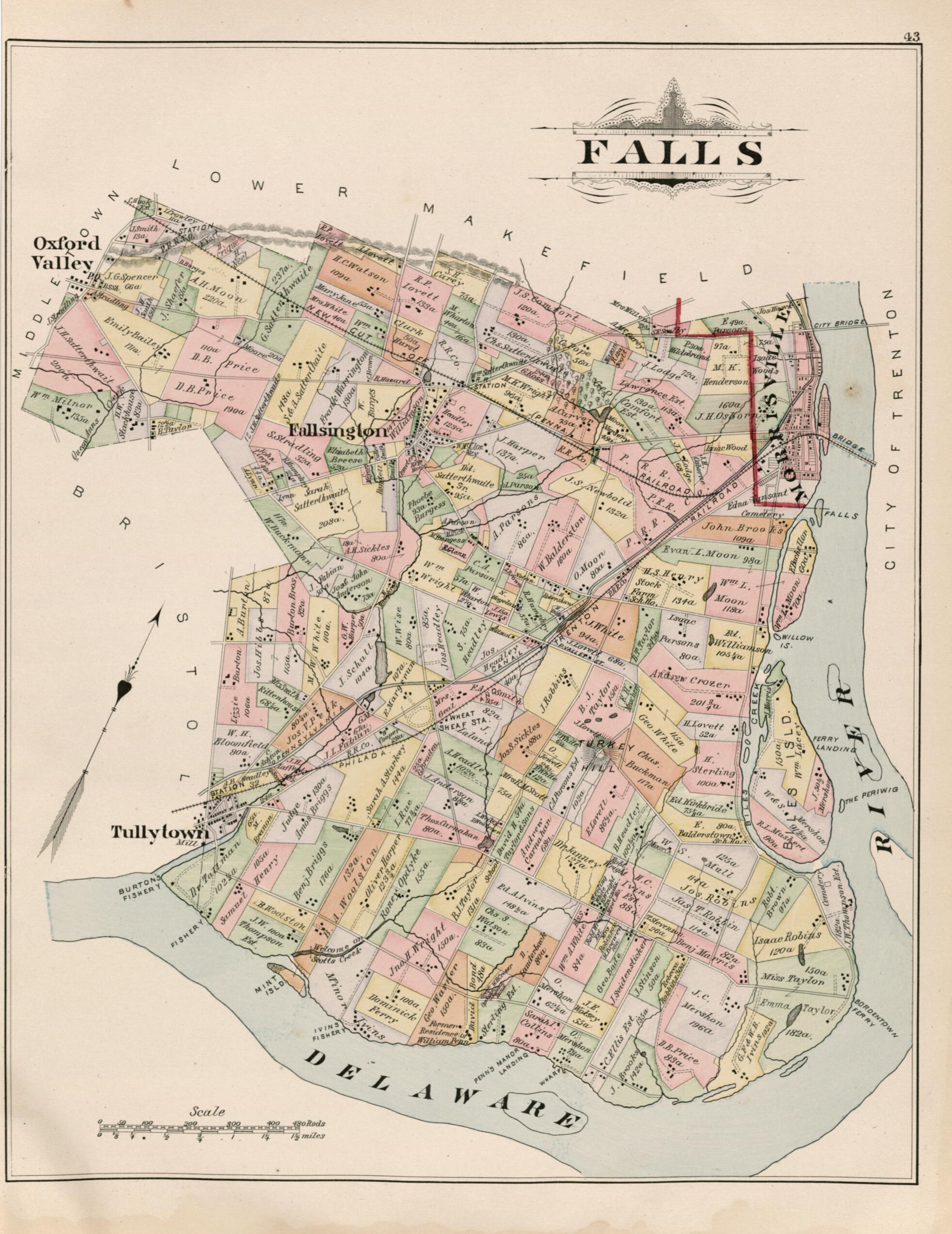 This old map of Falls from Atlas of Bucks County, Pennsylvania from 1891 was created by A. H. (August H.) Mueller in 1891
