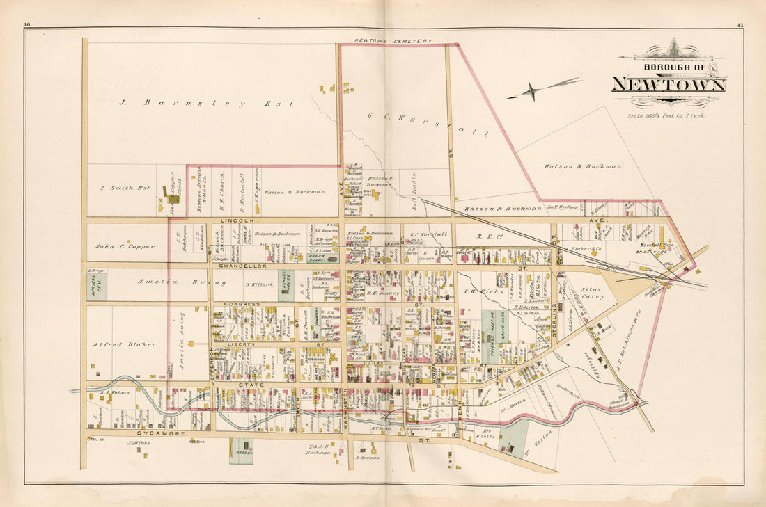 This old map of Borough of Newtown from Atlas of Bucks County, Pennsylvania from 1891 was created by A. H. (August H.) Mueller in 1891