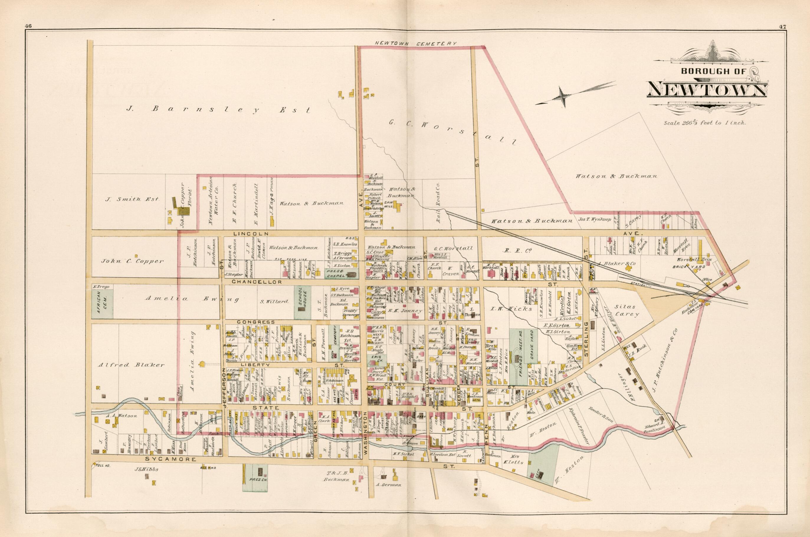 This old map of Borough of Newtown from Atlas of Bucks County, Pennsylvania from 1891 was created by A. H. (August H.) Mueller in 1891