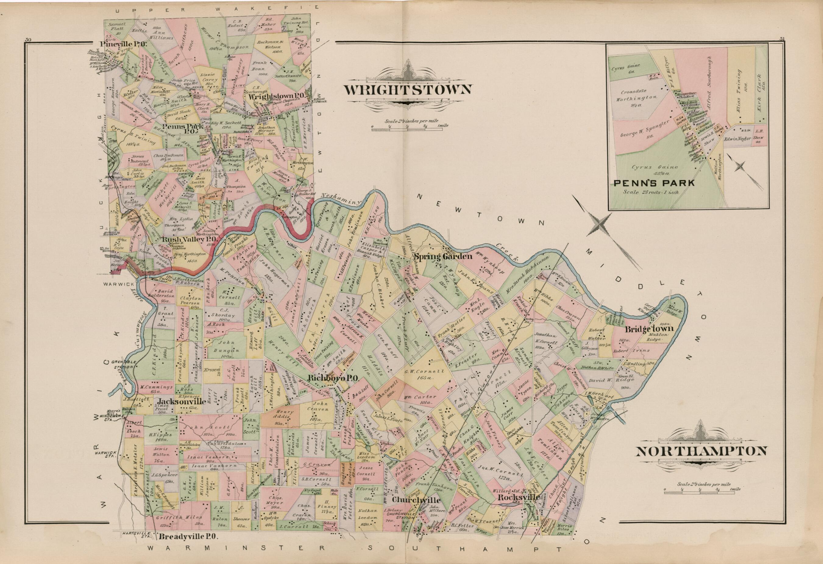 This old map of Wrightstown; Northhampton from Atlas of Bucks County, Pennsylvania from 1891 was created by A. H. (August H.) Mueller in 1891