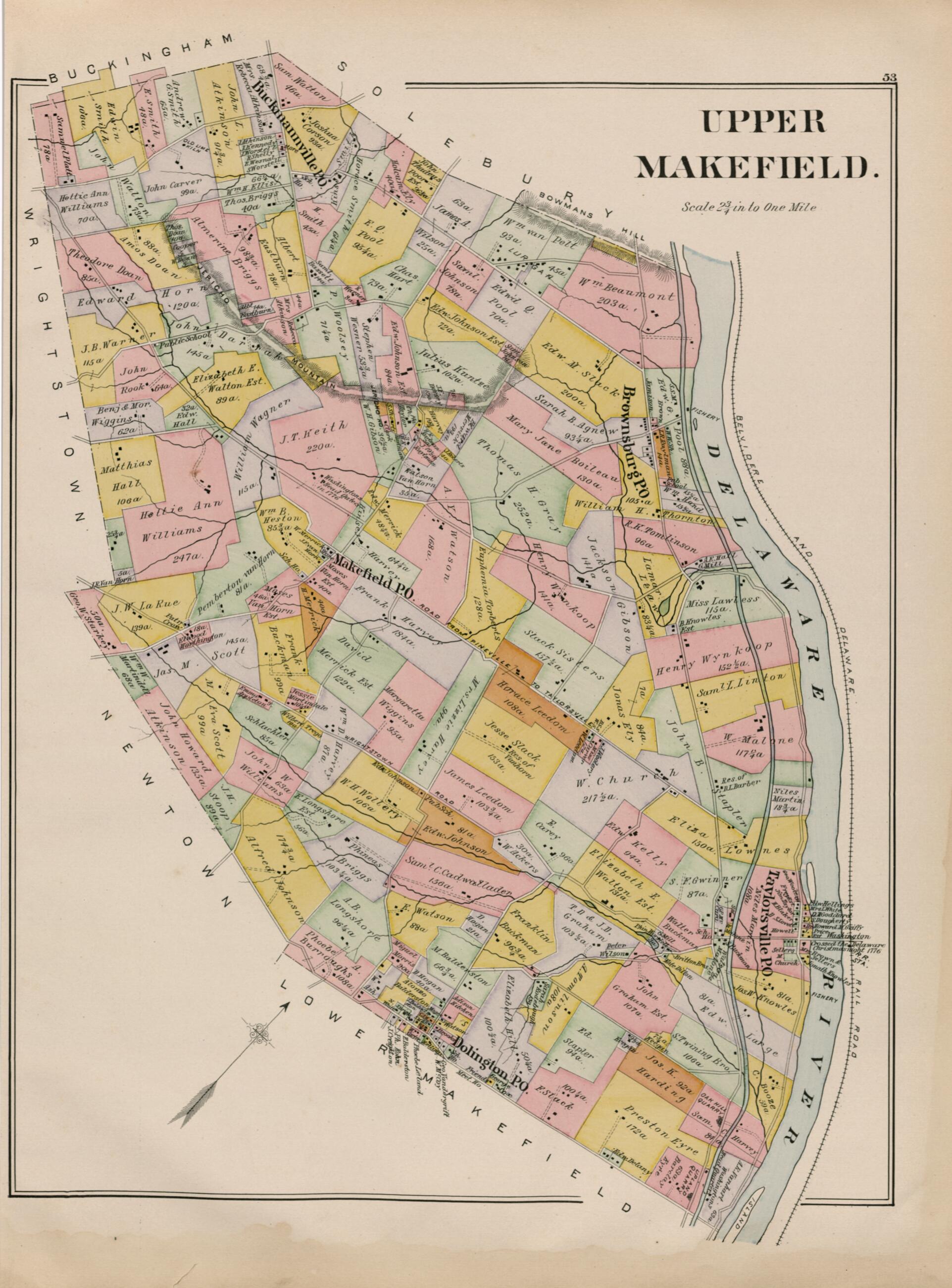 This old map of Upper Makefield from Atlas of Bucks County, Pennsylvania from 1891 was created by A. H. (August H.) Mueller in 1891