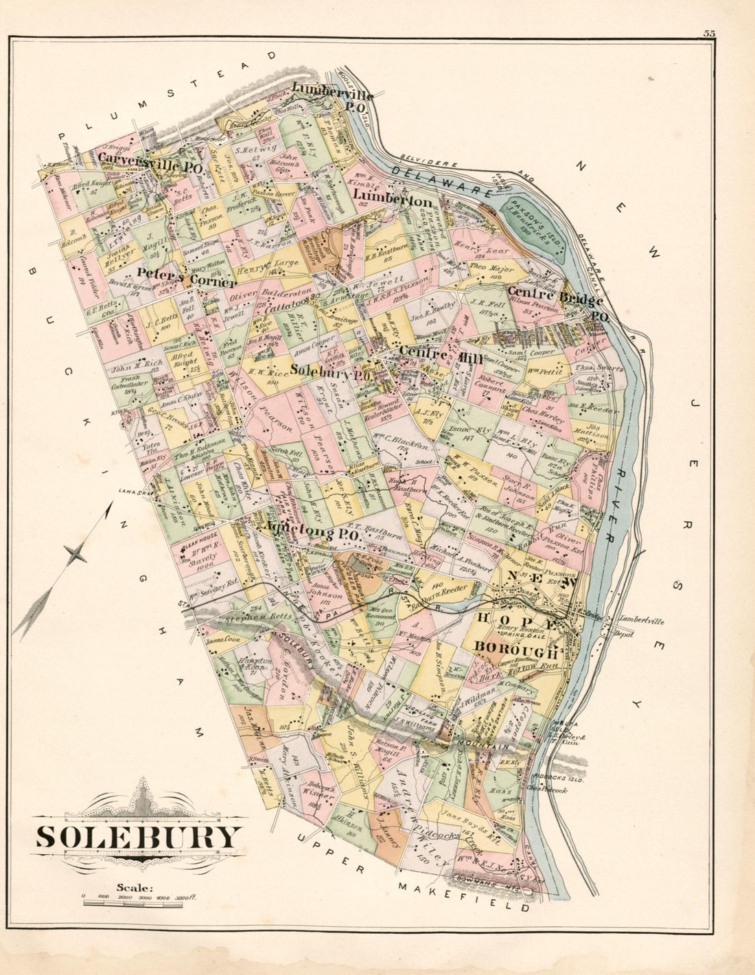 This old map of Solebury from Atlas of Bucks County, Pennsylvania from 1891 was created by A. H. (August H.) Mueller in 1891