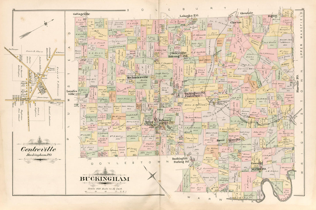 This old map of Buckingham from Atlas of Bucks County, Pennsylvania from 1891 was created by A. H. (August H.) Mueller in 1891