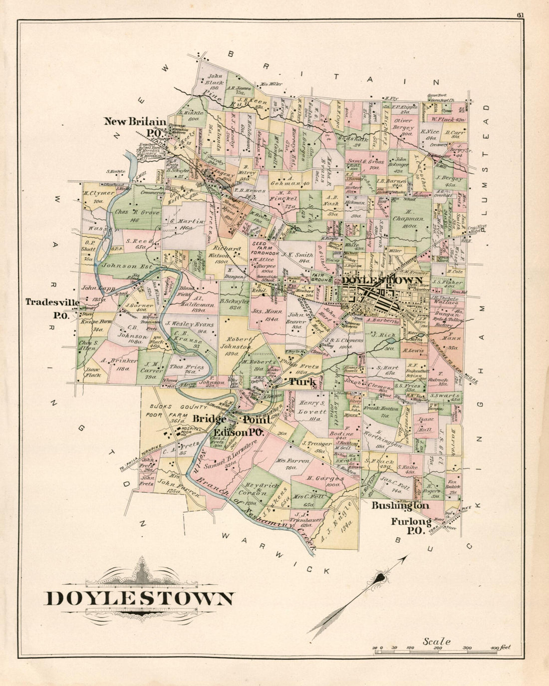 This old map of Doylestown from Atlas of Bucks County, Pennsylvania from 1891 was created by A. H. (August H.) Mueller in 1891