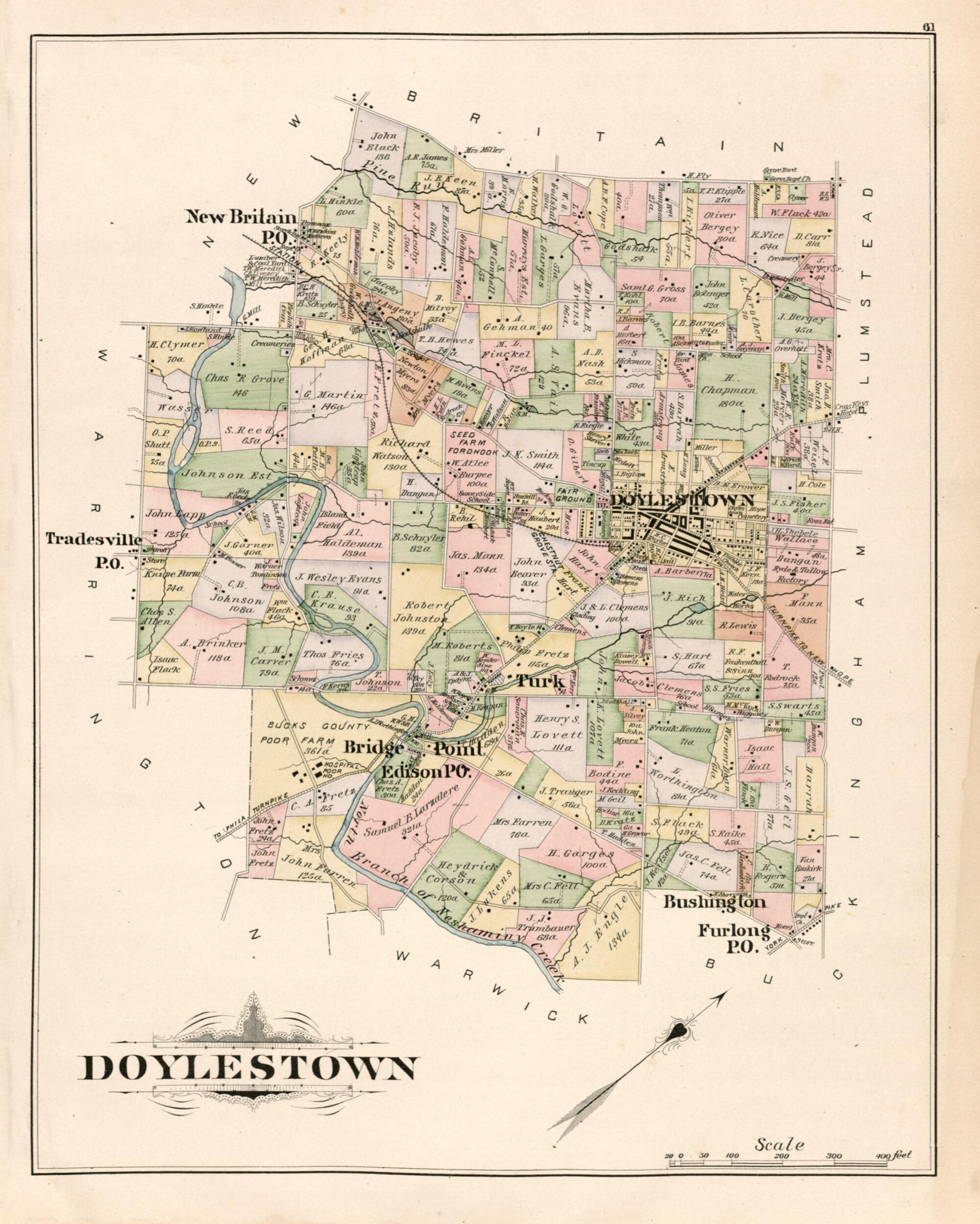 This old map of Doylestown from Atlas of Bucks County, Pennsylvania from 1891 was created by A. H. (August H.) Mueller in 1891