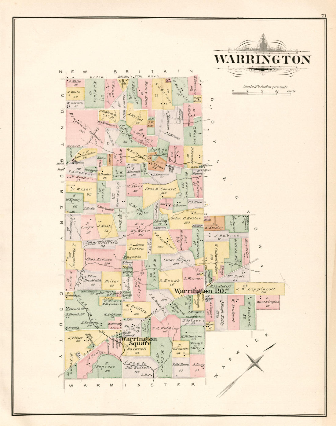 This old map of Warrington from Atlas of Bucks County, Pennsylvania from 1891 was created by A. H. (August H.) Mueller in 1891