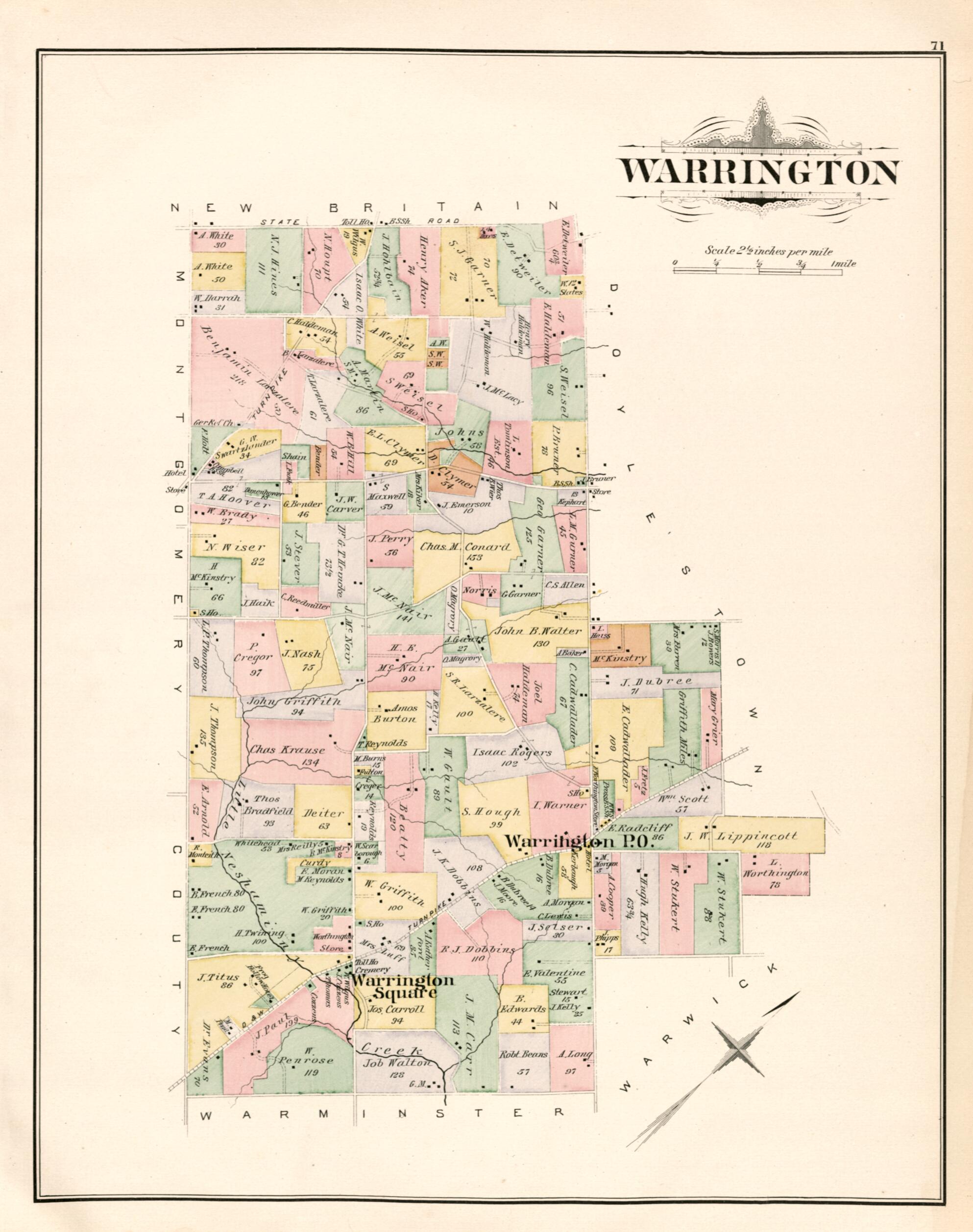 This old map of Warrington from Atlas of Bucks County, Pennsylvania from 1891 was created by A. H. (August H.) Mueller in 1891