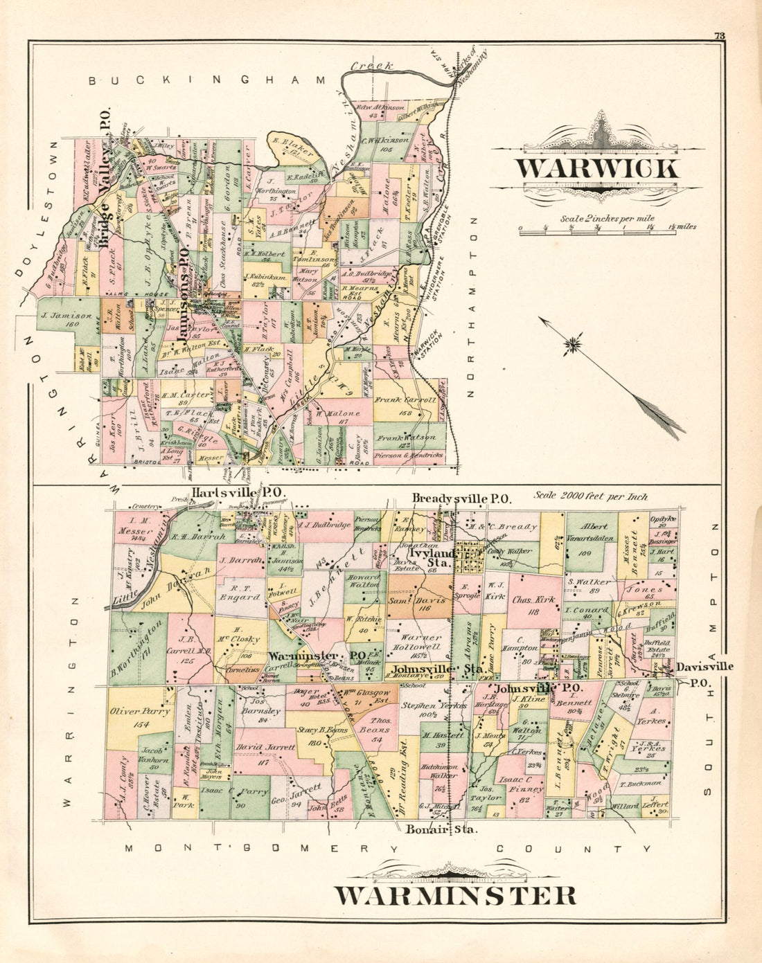 This old map of Warwick; Warminster from Atlas of Bucks County, Pennsylvania from 1891 was created by A. H. (August H.) Mueller in 1891