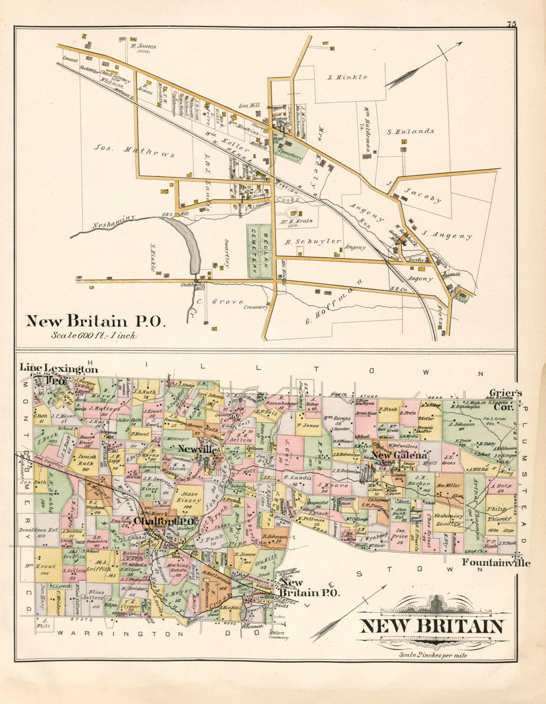 This old map of New Britain from Atlas of Bucks County, Pennsylvania from 1891 was created by A. H. (August H.) Mueller in 1891