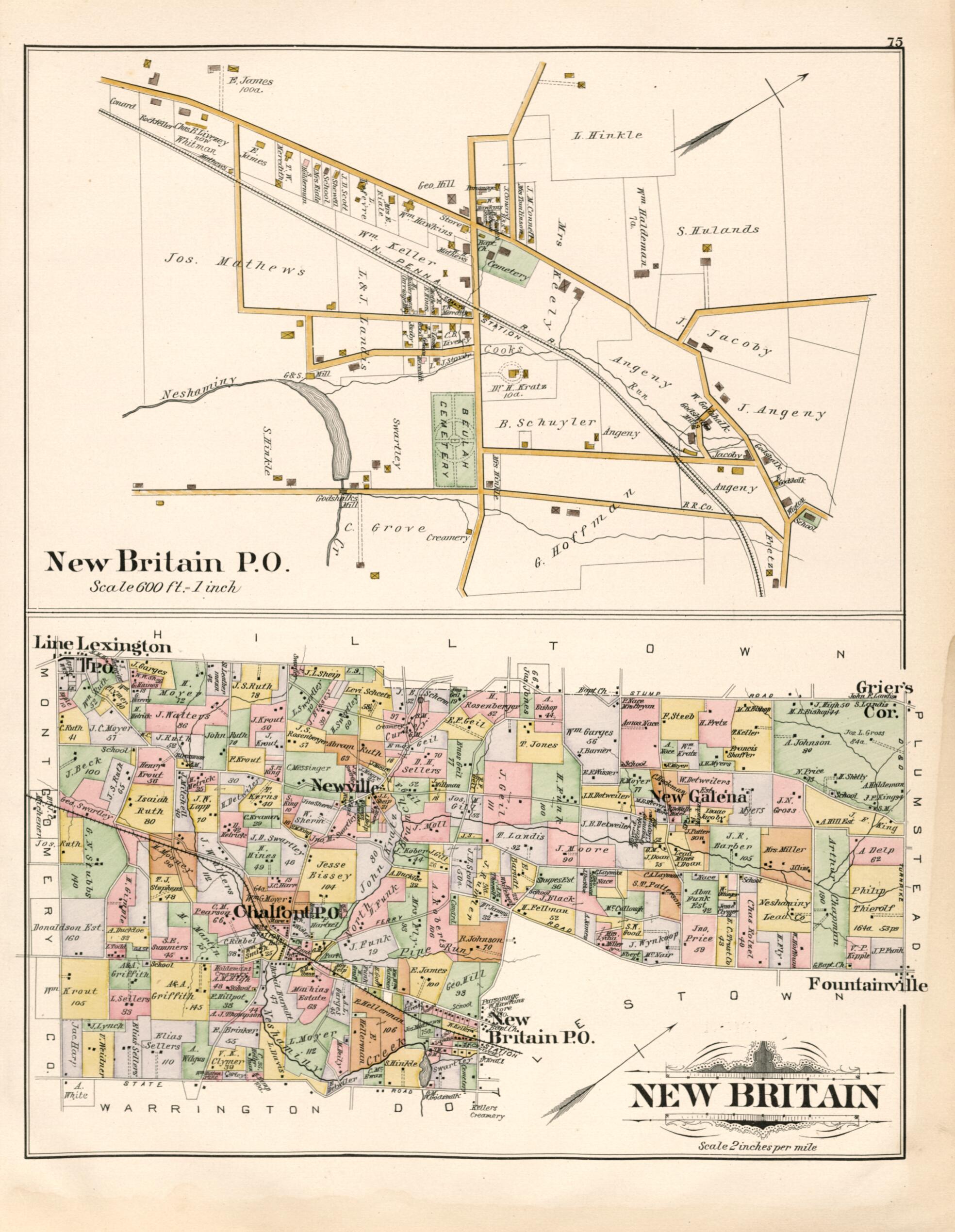 This old map of New Britain from Atlas of Bucks County, Pennsylvania from 1891 was created by A. H. (August H.) Mueller in 1891