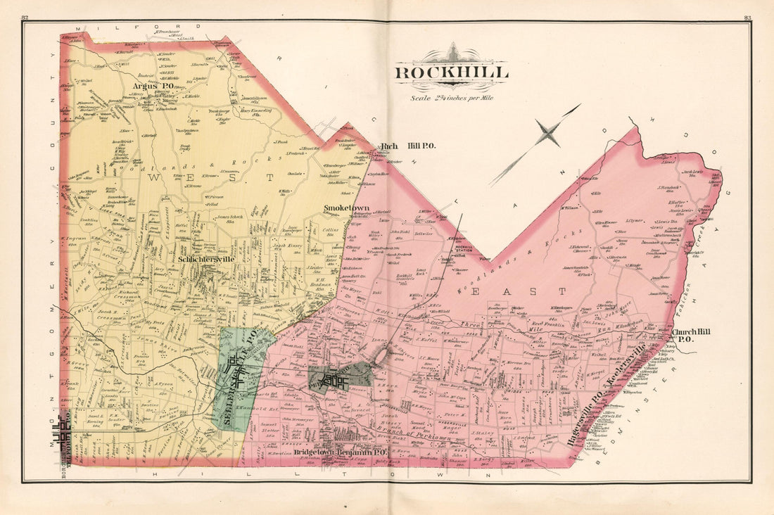 This old map of Rockhill from Atlas of Bucks County, Pennsylvania from 1891 was created by A. H. (August H.) Mueller in 1891
