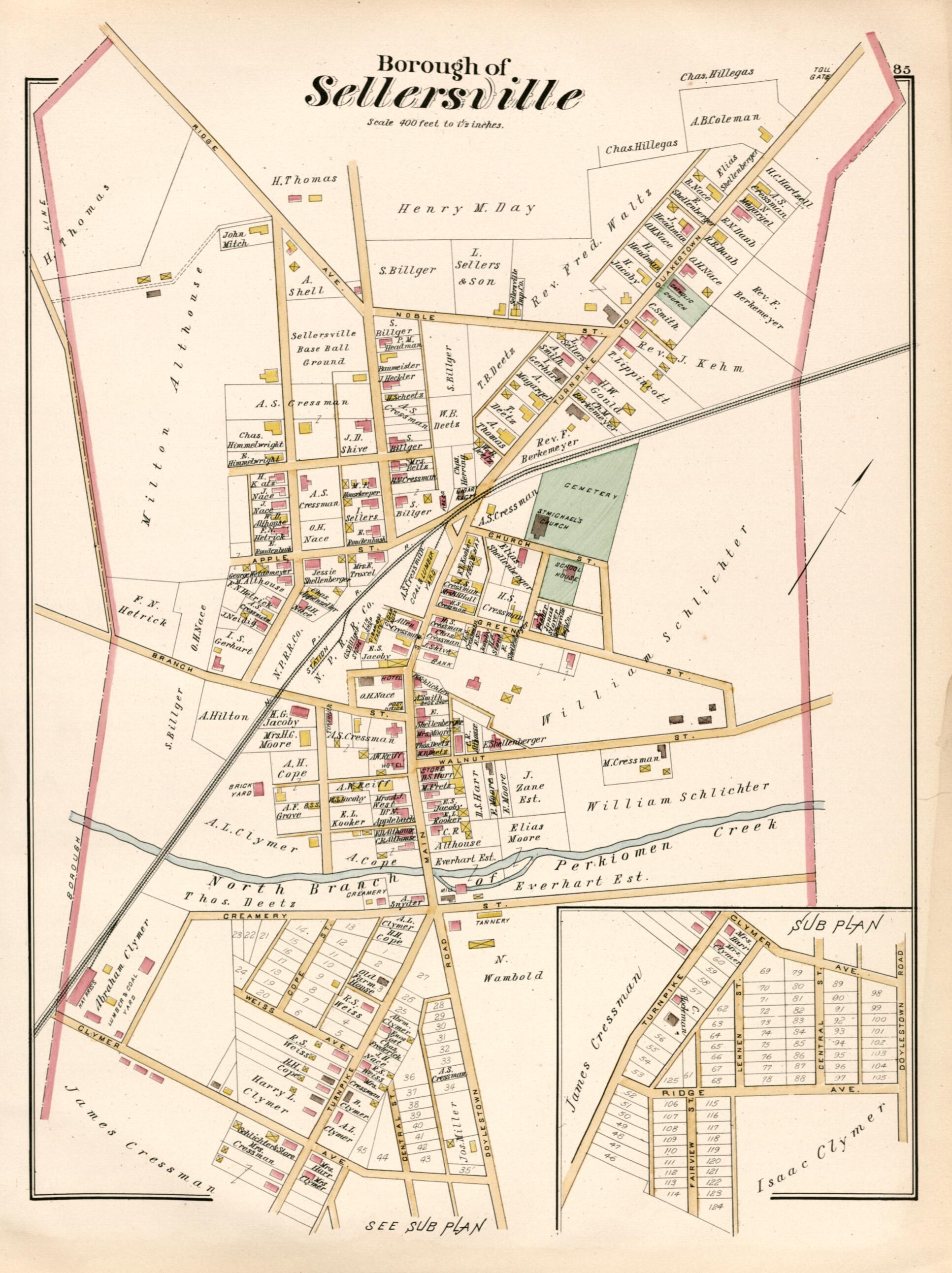This old map of Borough of Sellersville from Atlas of Bucks County, Pennsylvania from 1891 was created by A. H. (August H.) Mueller in 1891