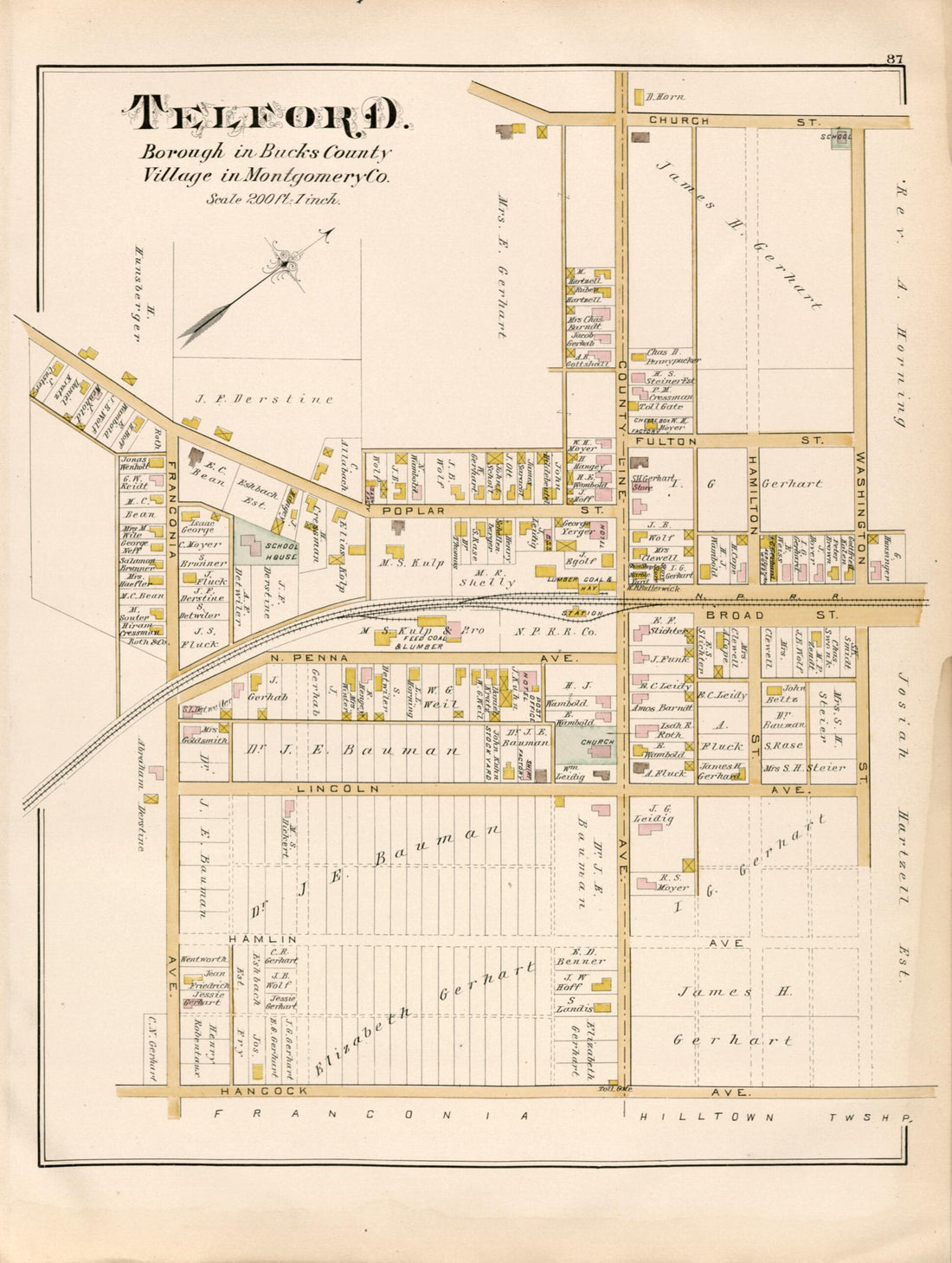 This old map of Telford from Atlas of Bucks County, Pennsylvania from 1891 was created by A. H. (August H.) Mueller in 1891