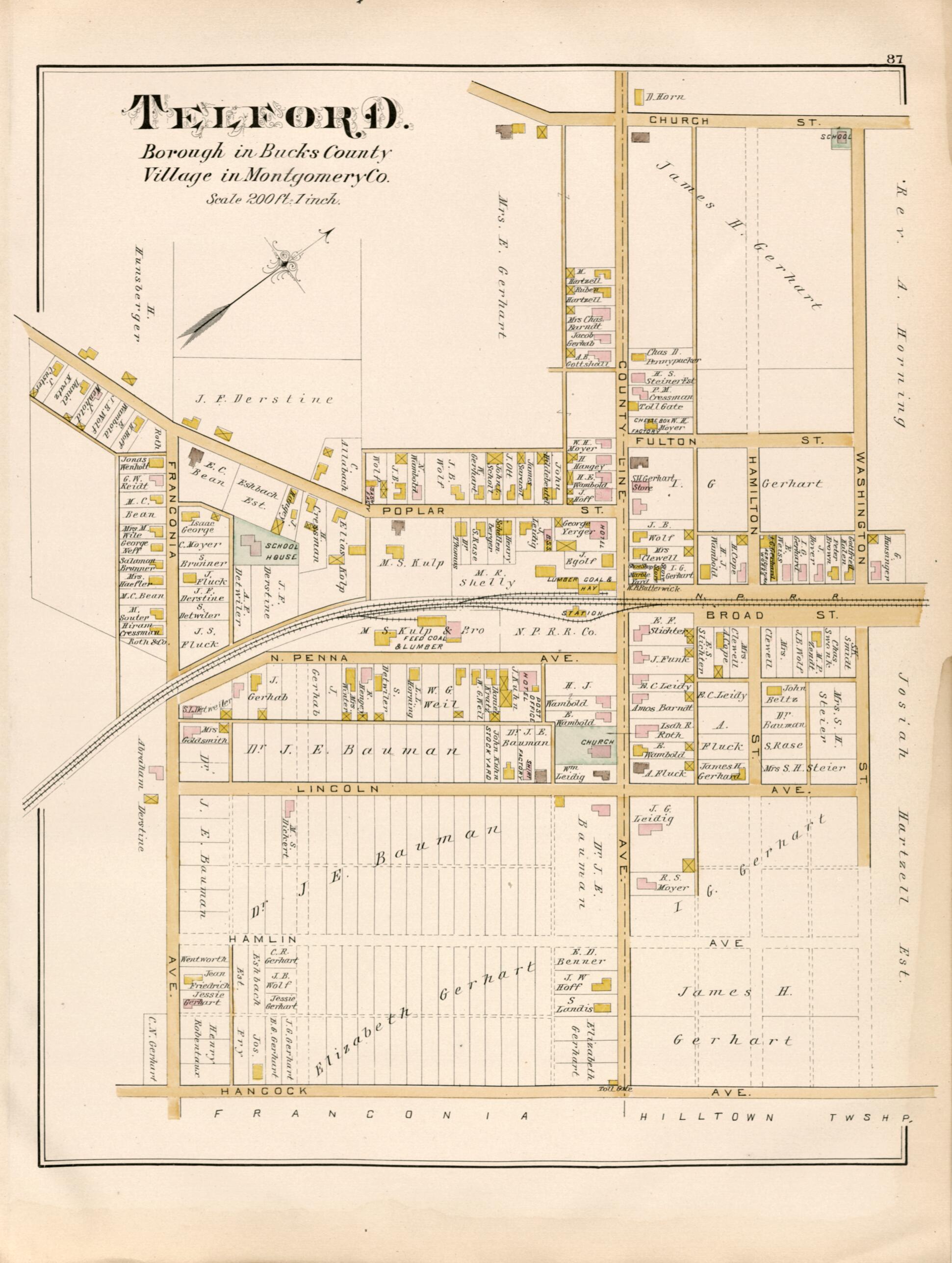 This old map of Telford from Atlas of Bucks County, Pennsylvania from 1891 was created by A. H. (August H.) Mueller in 1891
