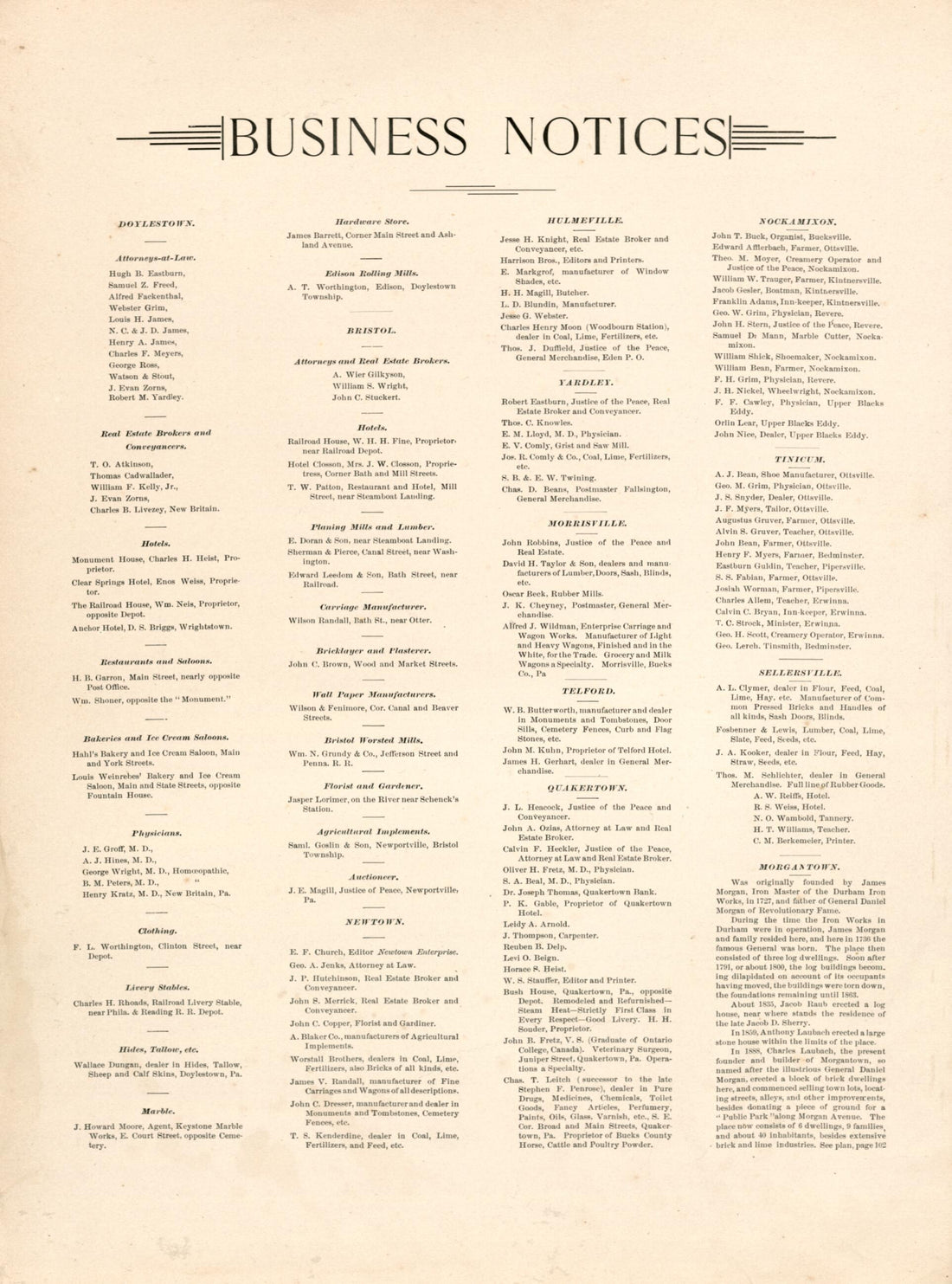 This old map of Business Notices from Atlas of Bucks County, Pennsylvania from 1891 was created by A. H. (August H.) Mueller in 1891