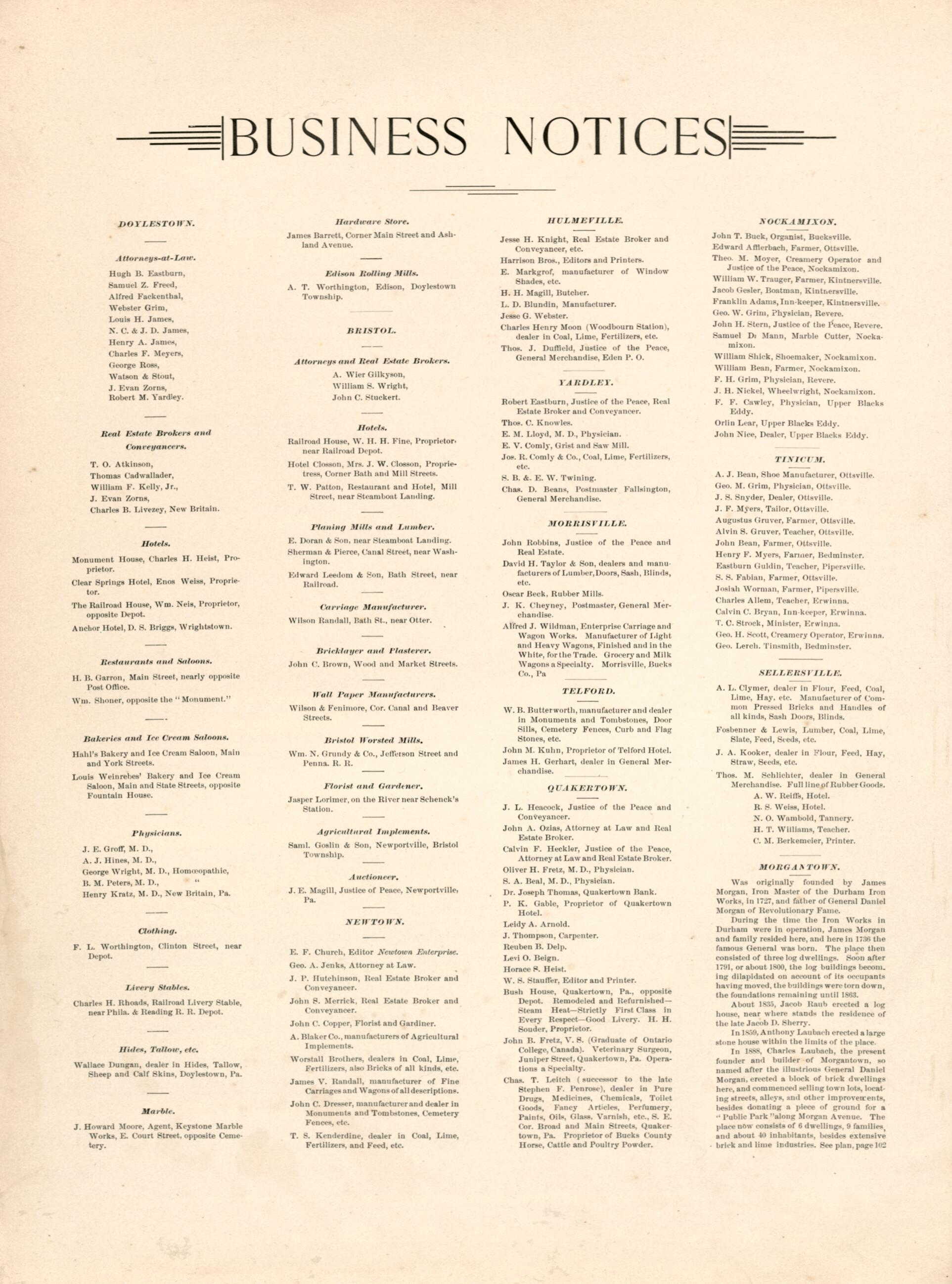 This old map of Business Notices from Atlas of Bucks County, Pennsylvania from 1891 was created by A. H. (August H.) Mueller in 1891