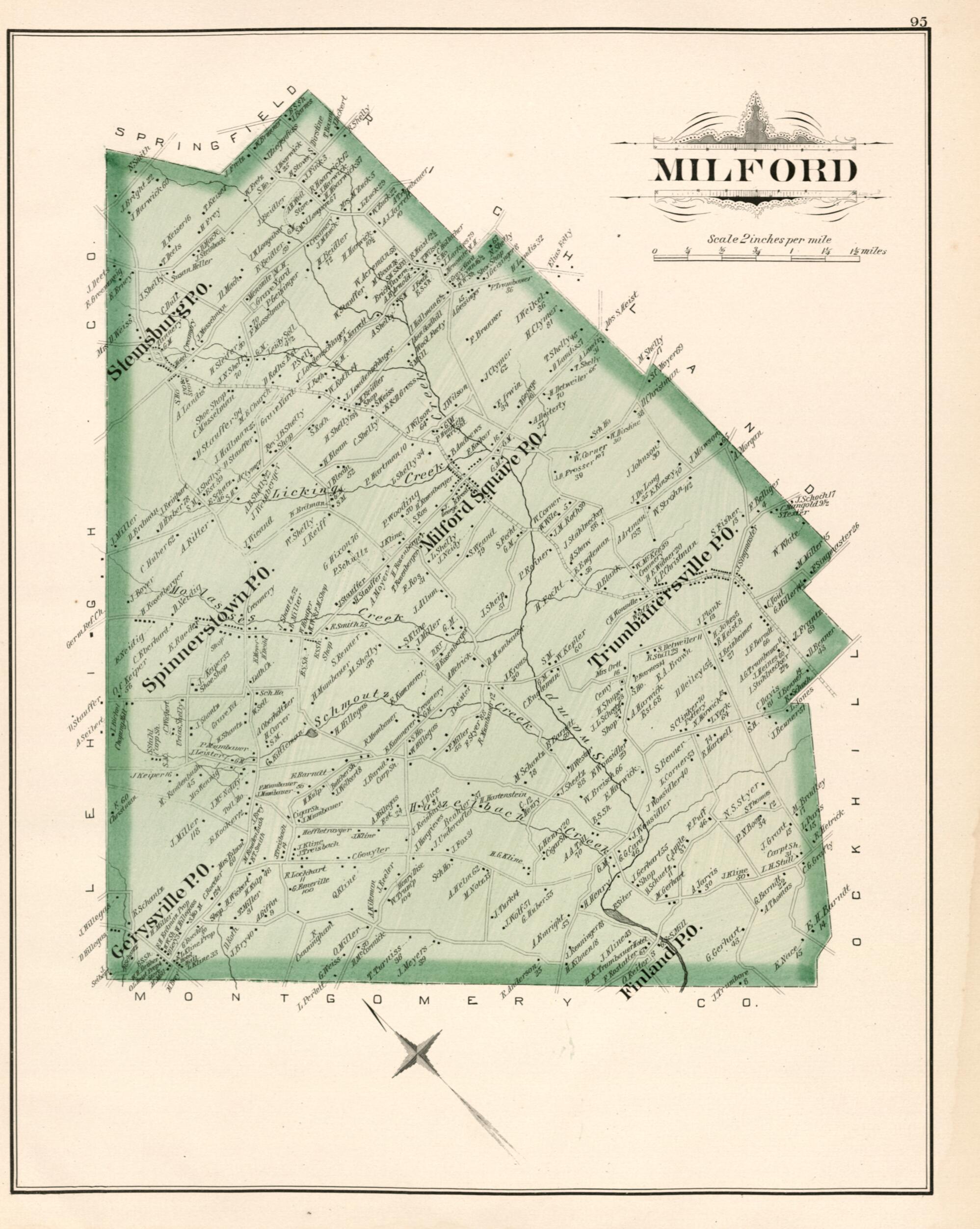 This old map of Milford from Atlas of Bucks County, Pennsylvania from 1891 was created by A. H. (August H.) Mueller in 1891