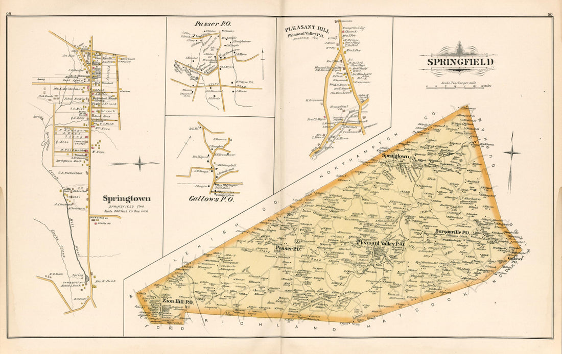 This old map of Springfield from Atlas of Bucks County, Pennsylvania from 1891 was created by A. H. (August H.) Mueller in 1891