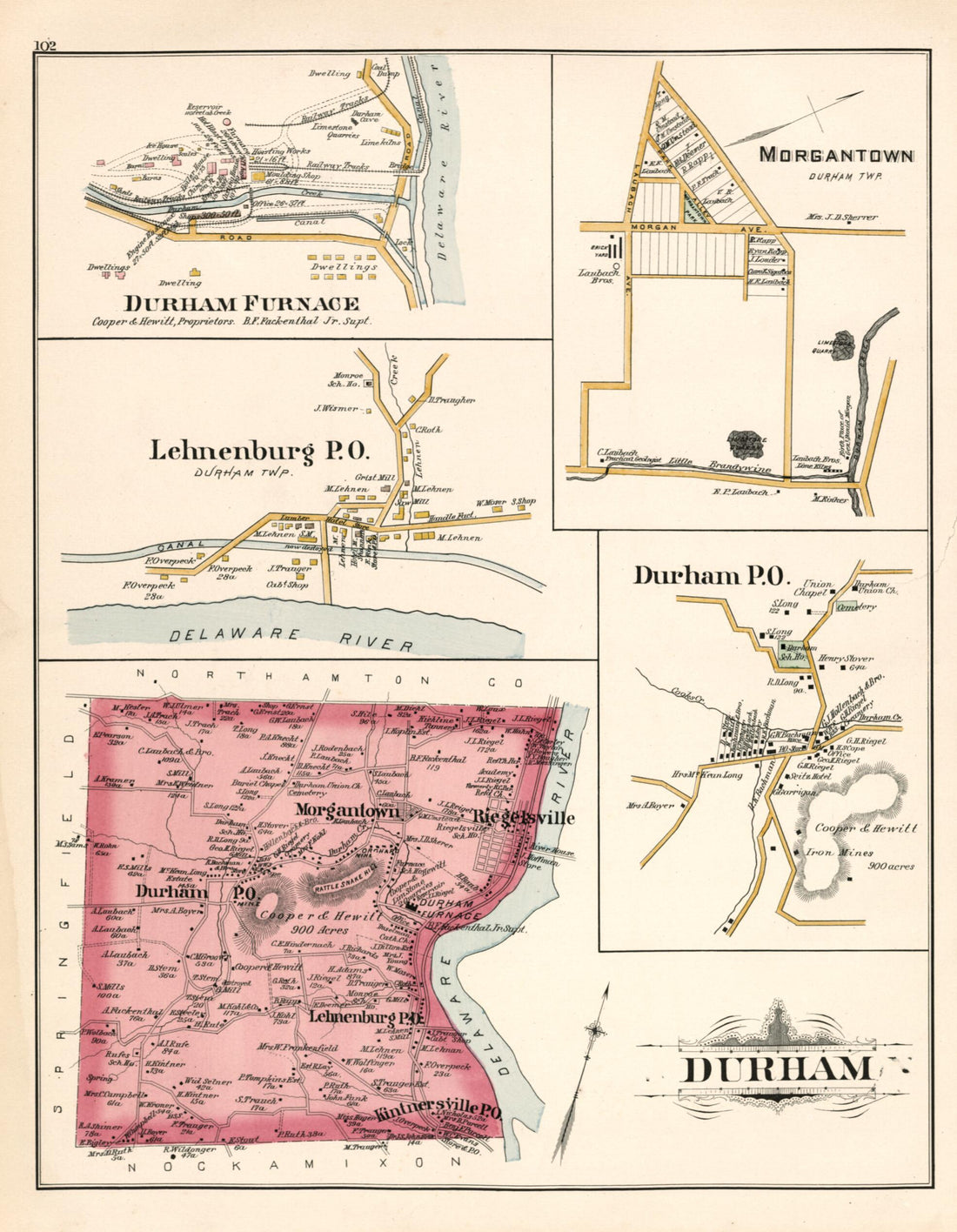This old map of Durham from Atlas of Bucks County, Pennsylvania from 1891 was created by A. H. (August H.) Mueller in 1891