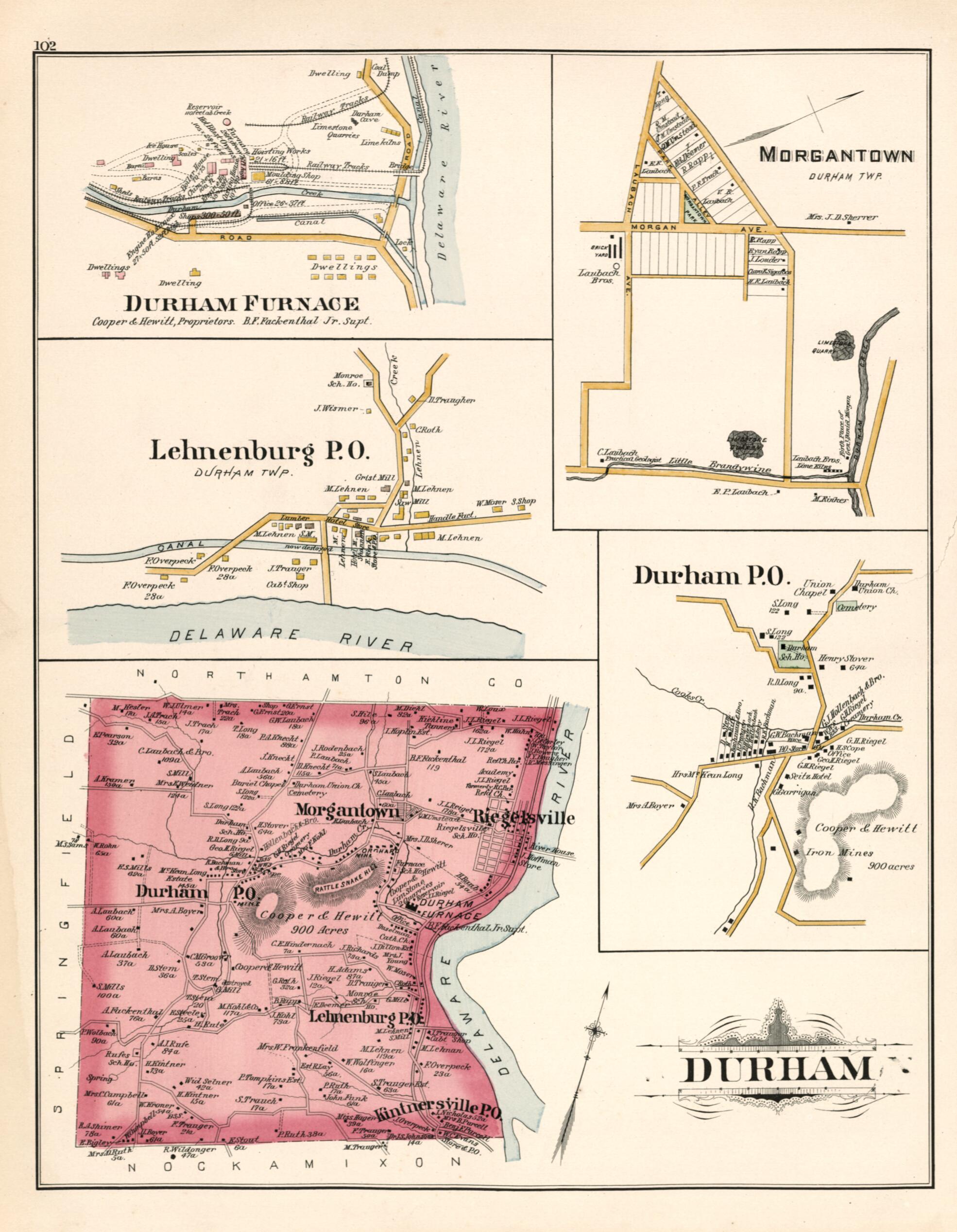 This old map of Durham from Atlas of Bucks County, Pennsylvania from 1891 was created by A. H. (August H.) Mueller in 1891