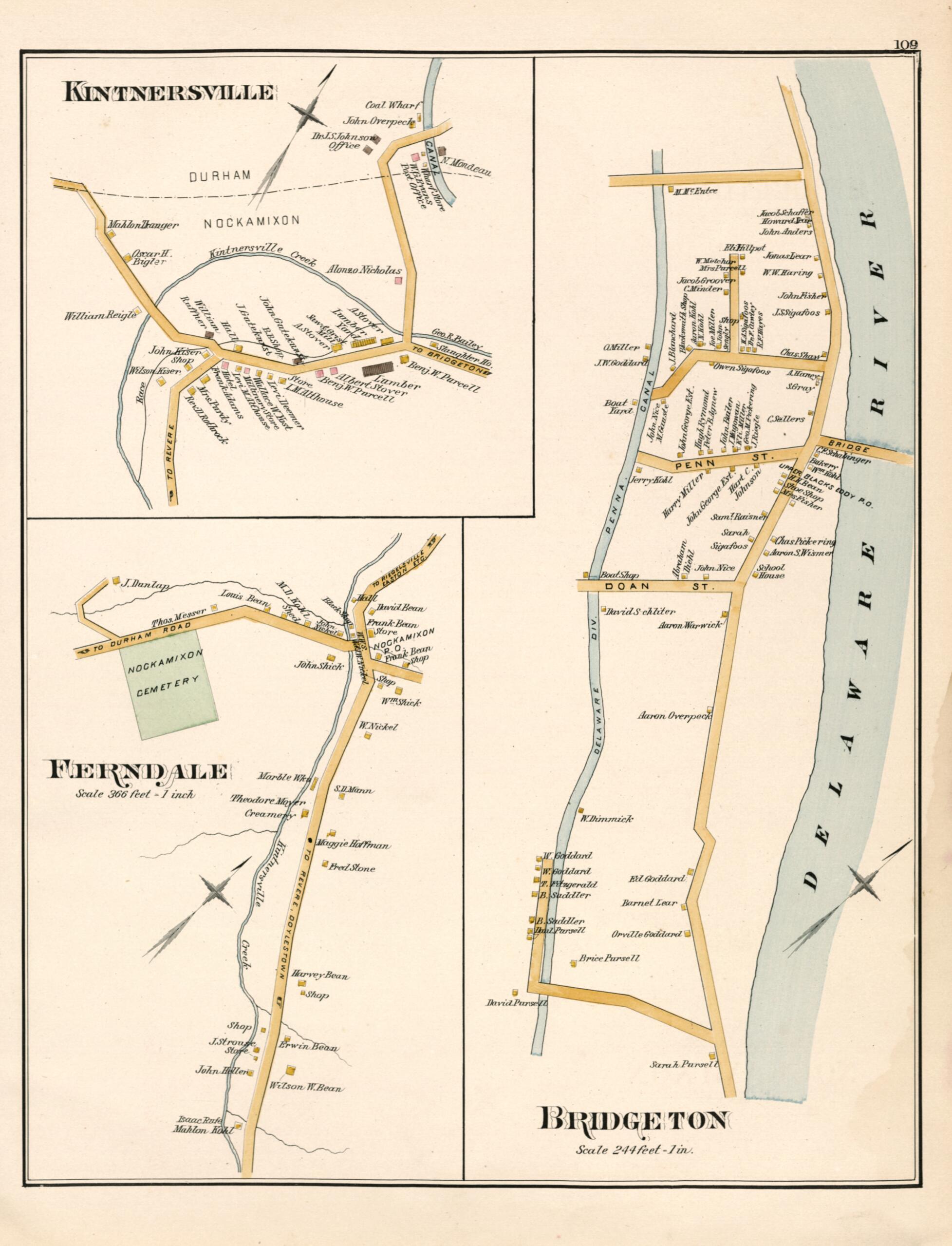 This old map of Kintnersville; Ferndale; Bridgeton from Atlas of Bucks County, Pennsylvania from 1891 was created by A. H. (August H.) Mueller in 1891
