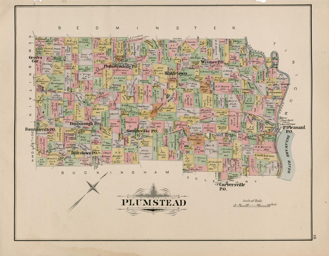This old map of Plumstead from Atlas of Bucks County, Pennsylvania from 1891 was created by A. H. (August H.) Mueller in 1891