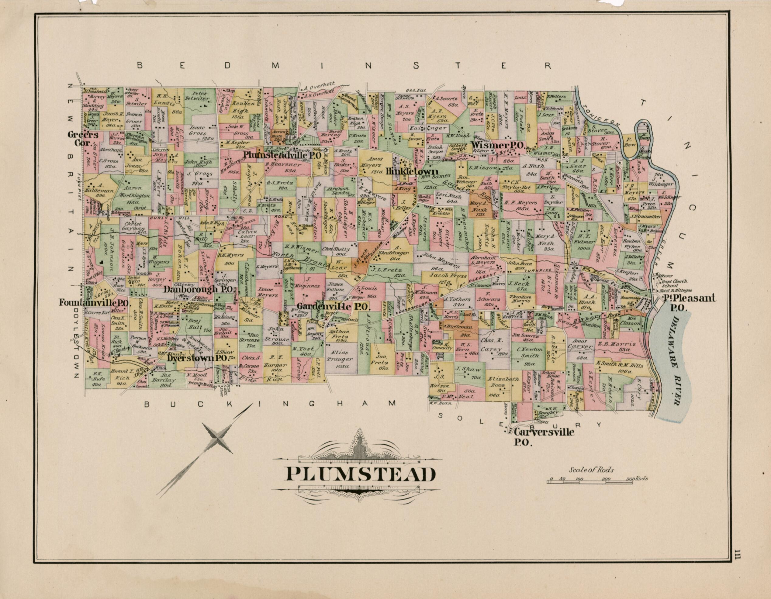 This old map of Plumstead from Atlas of Bucks County, Pennsylvania from 1891 was created by A. H. (August H.) Mueller in 1891