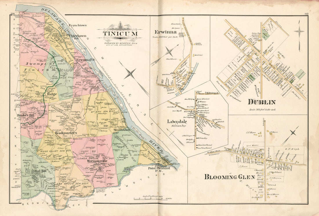 This old map of Tinicum; Dublin; Blooming Glen from Atlas of Bucks County, Pennsylvania from 1891 was created by A. H. (August H.) Mueller in 1891