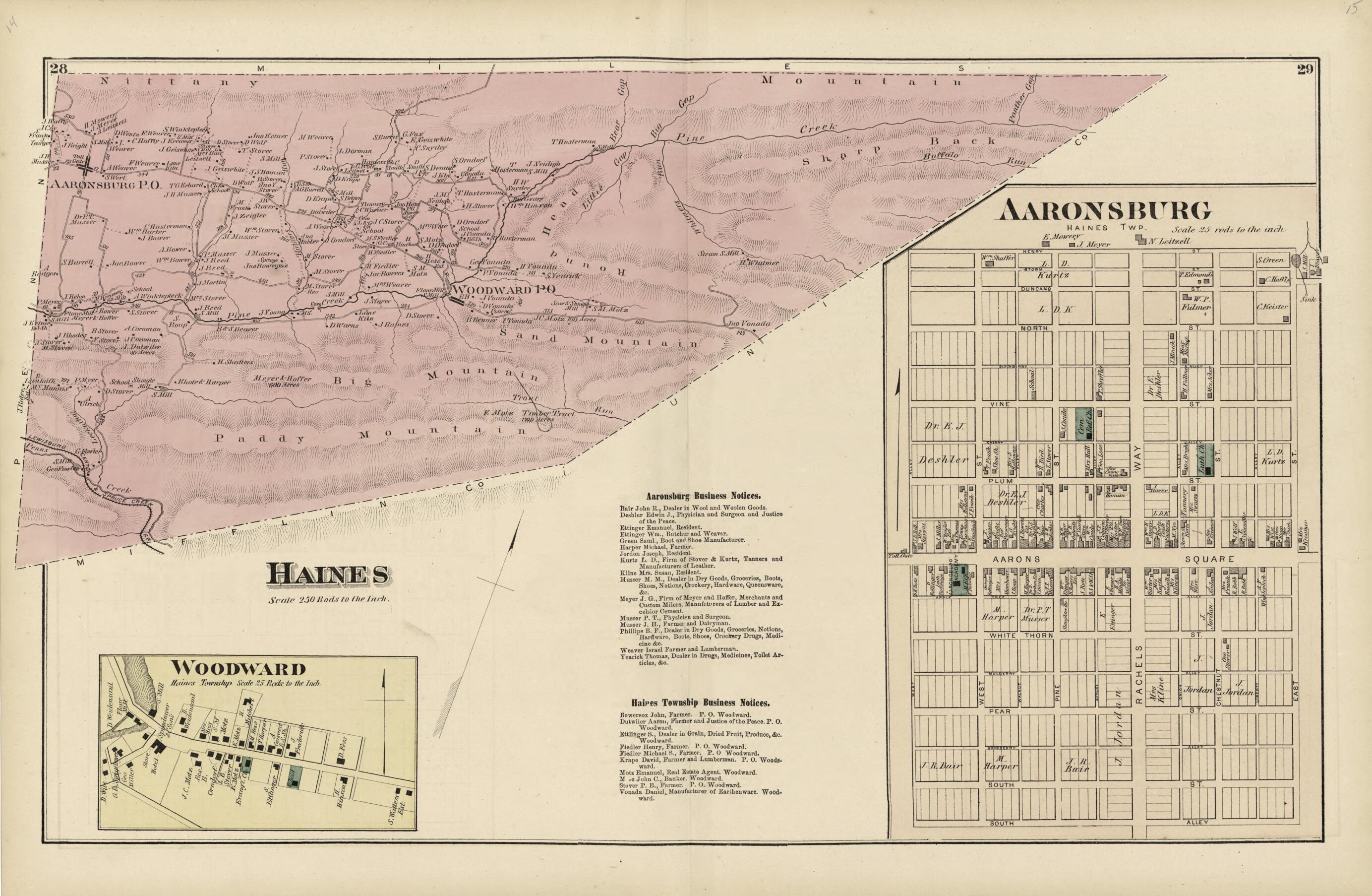 This old map of Haines; Aaronsburg; Woodward from Atlas of Centre County, Pennsylvania from 1874 was created by Beach Nichols in 1874