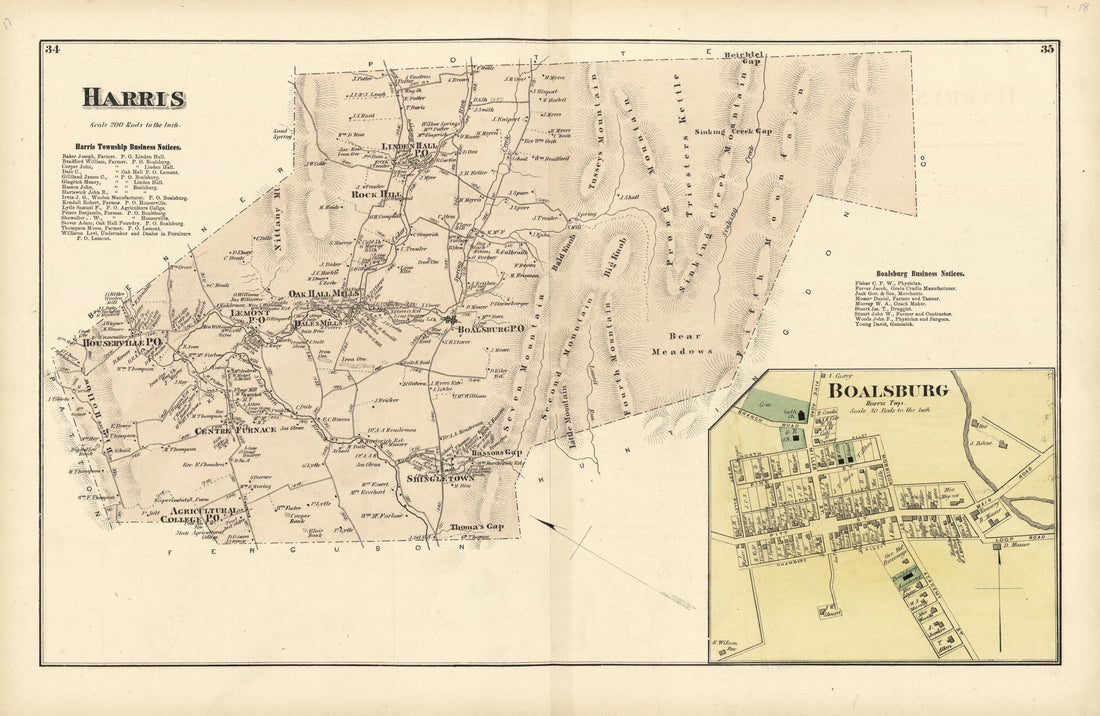 This old map of Harris; Boalsburg from Atlas of Centre County, Pennsylvania from 1874 was created by Beach Nichols in 1874