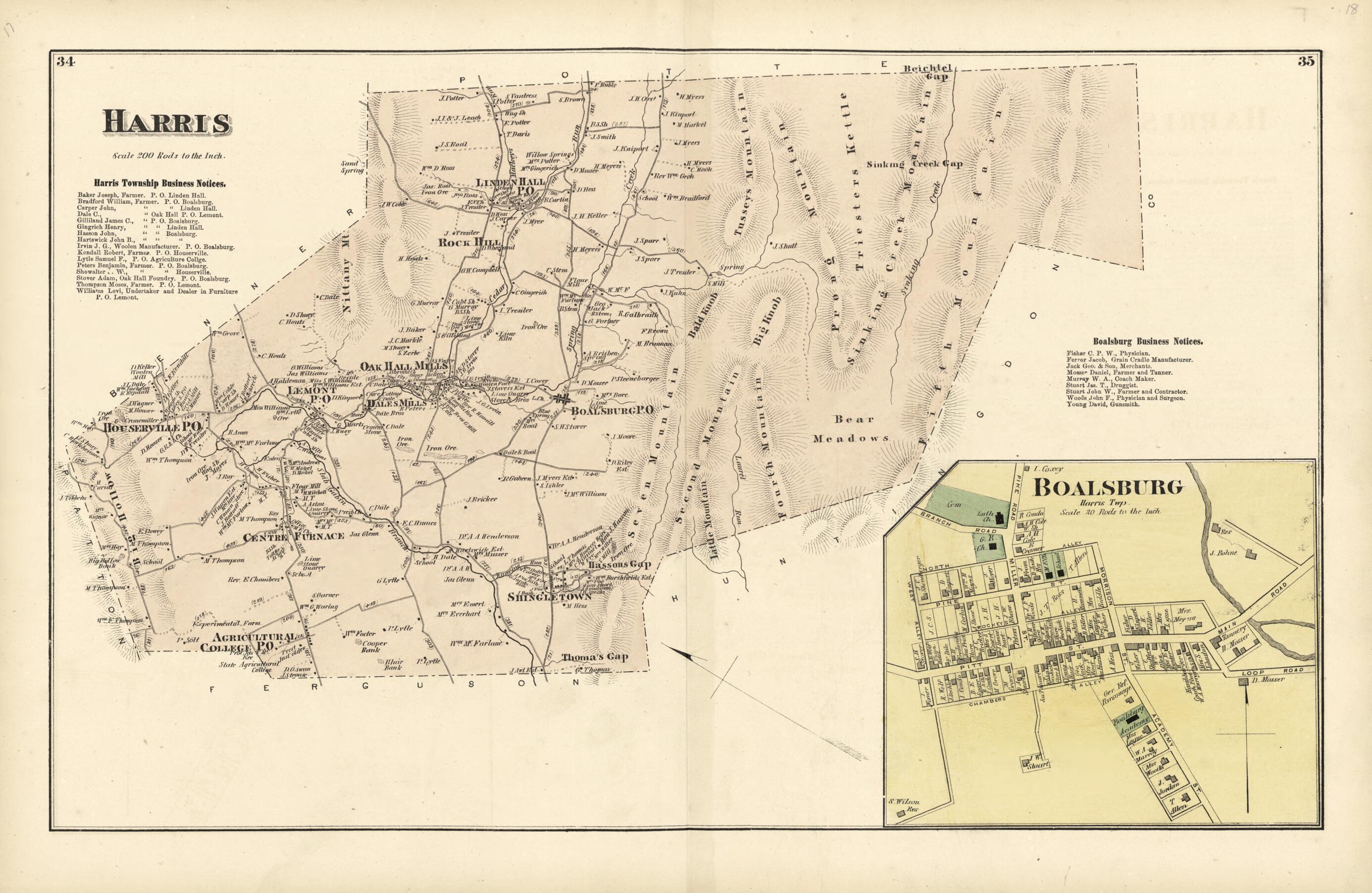 This old map of Harris; Boalsburg from Atlas of Centre County, Pennsylvania from 1874 was created by Beach Nichols in 1874