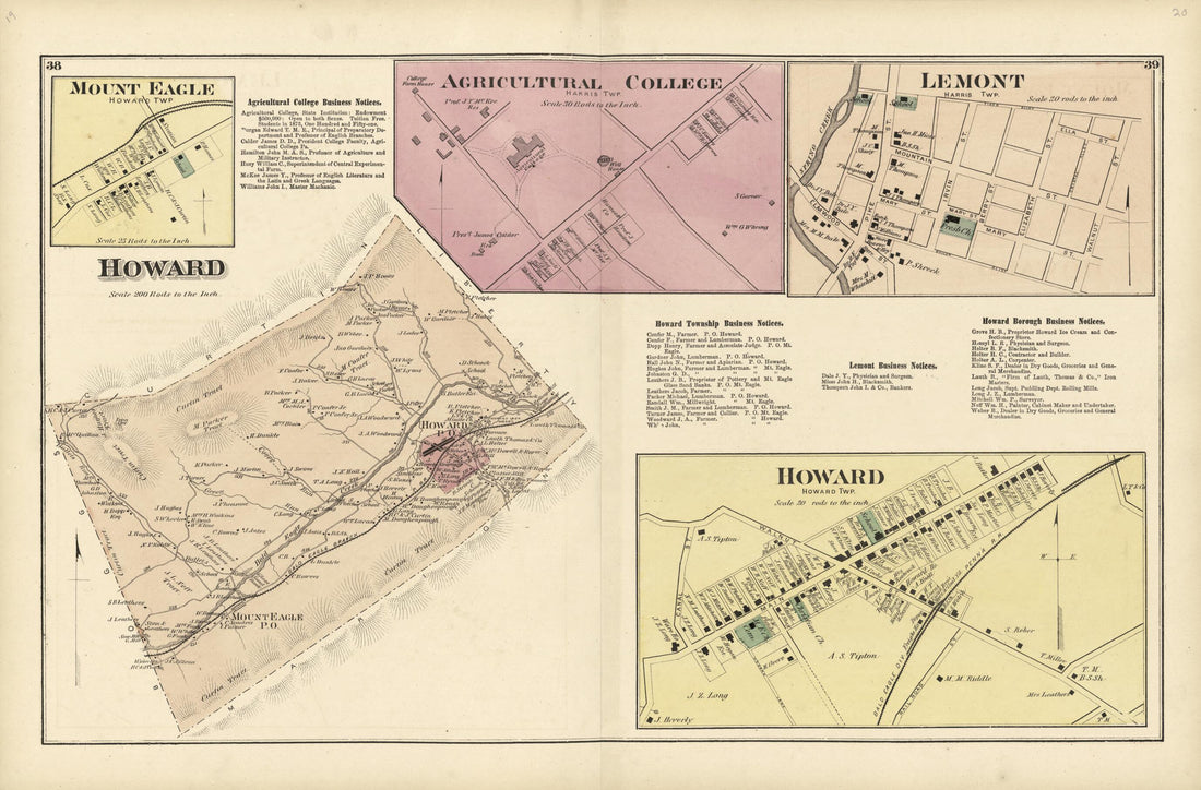 This old map of Howard; Mount Eagle; Agricultural College; Lemont from Atlas of Centre County, Pennsylvania from 1874 was created by Beach Nichols in 1874