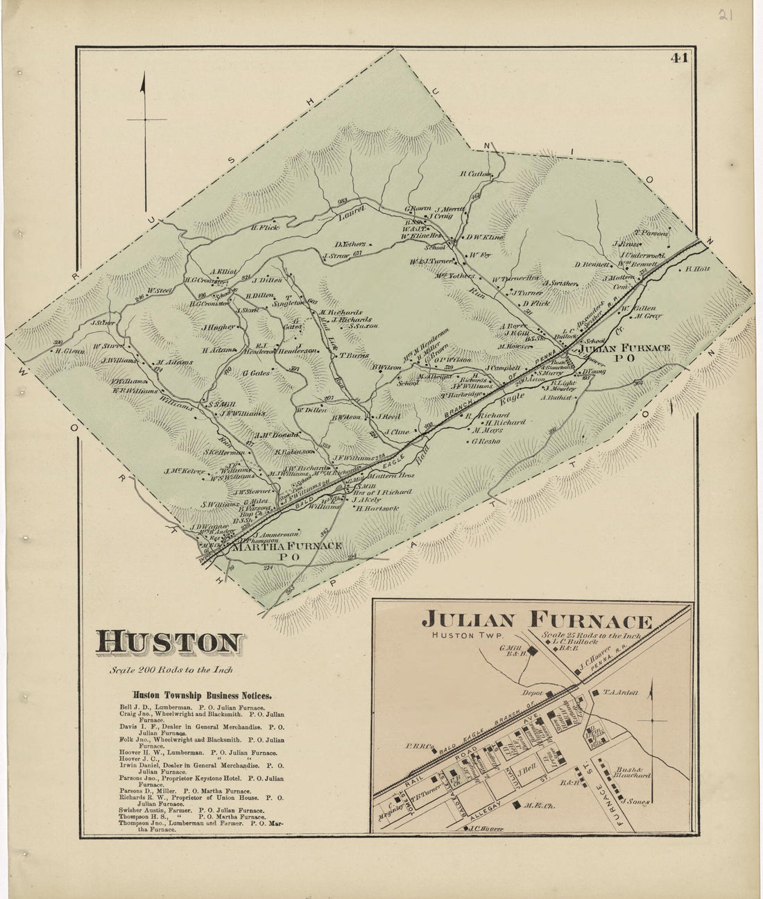 This old map of Huston; Julian Furnace from Atlas of Centre County, Pennsylvania from 1874 was created by Beach Nichols in 1874