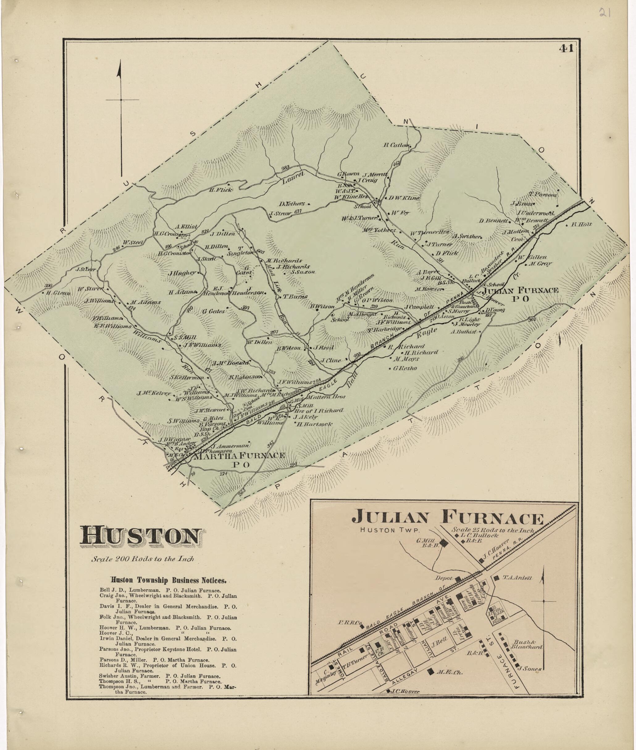 This old map of Huston; Julian Furnace from Atlas of Centre County, Pennsylvania from 1874 was created by Beach Nichols in 1874