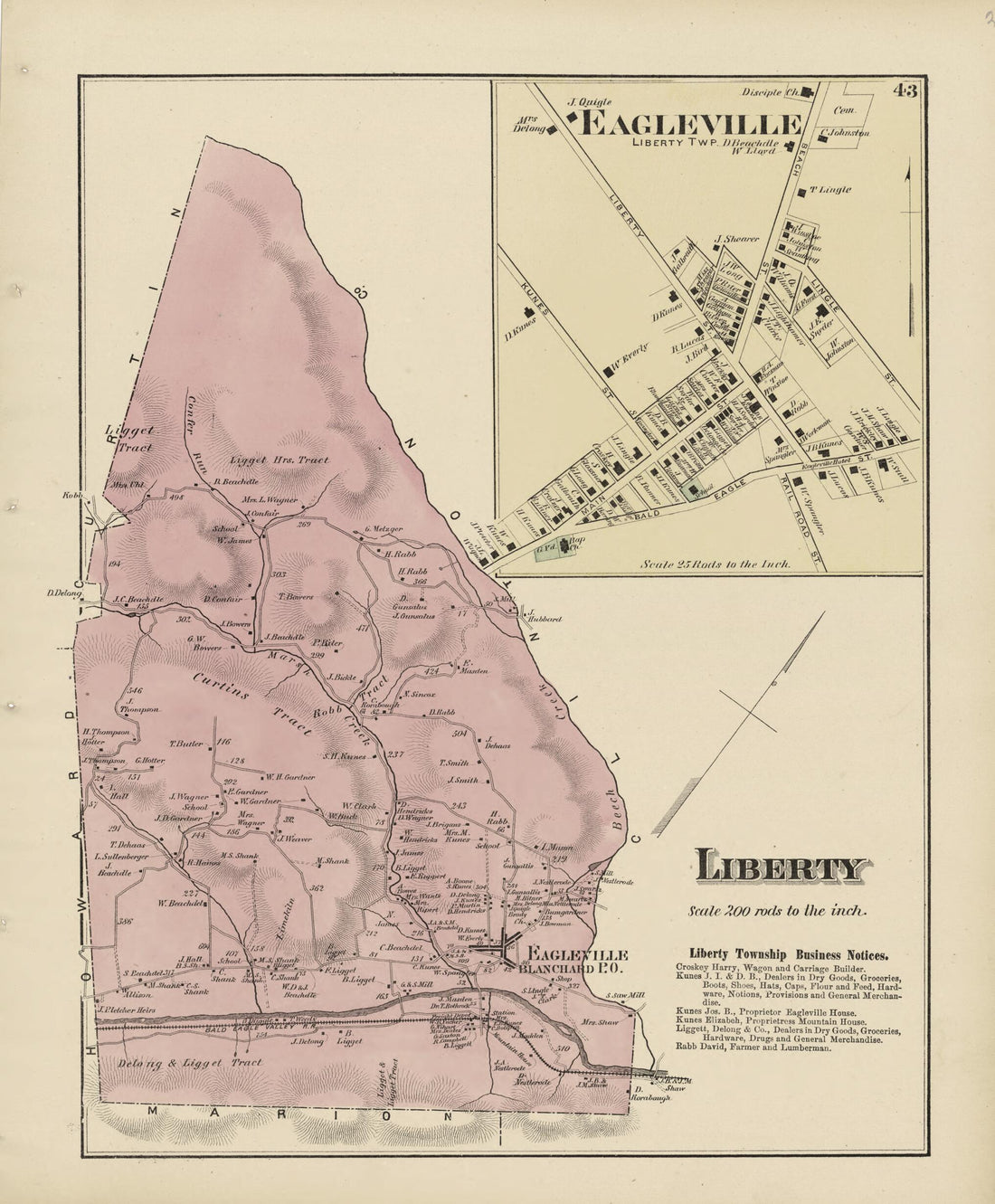 This old map of Liberty; Eagleville from Atlas of Centre County, Pennsylvania from 1874 was created by Beach Nichols in 1874