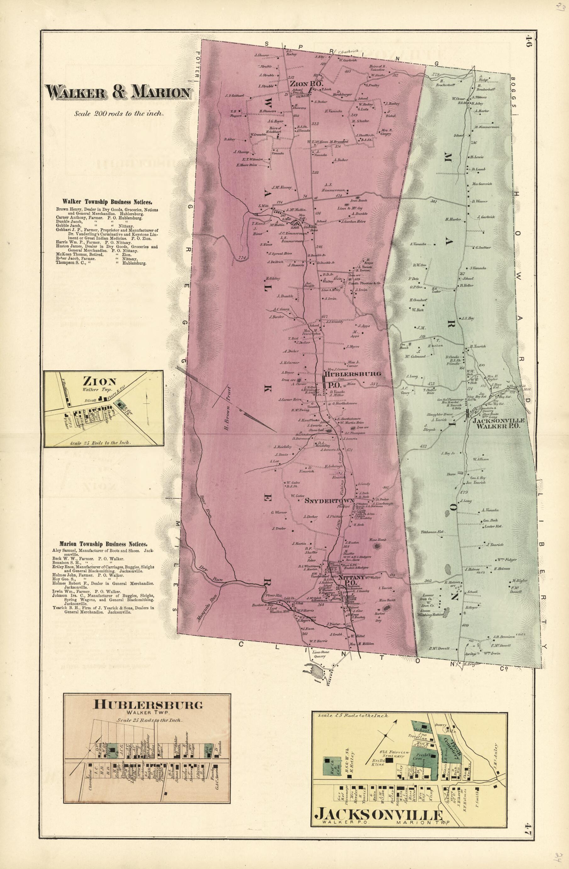 This old map of Walker & Marion; Jacksonville; Hublersburg; Zion from Atlas of Centre County, Pennsylvania from 1874 was created by Beach Nichols in 1874