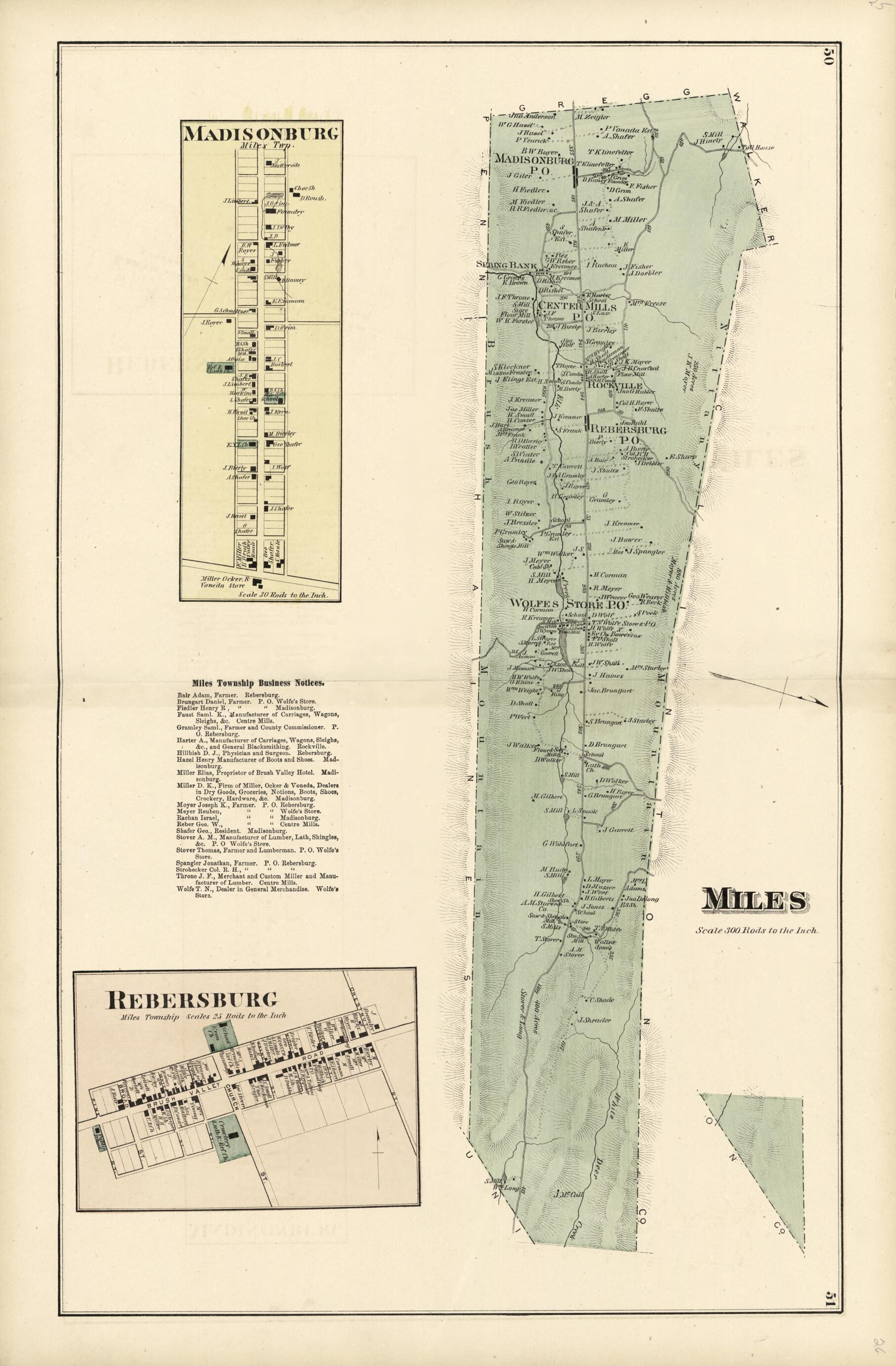 This old map of Miles; Rebersburg; Madisonburg from Atlas of Centre County, Pennsylvania from 1874 was created by Beach Nichols in 1874