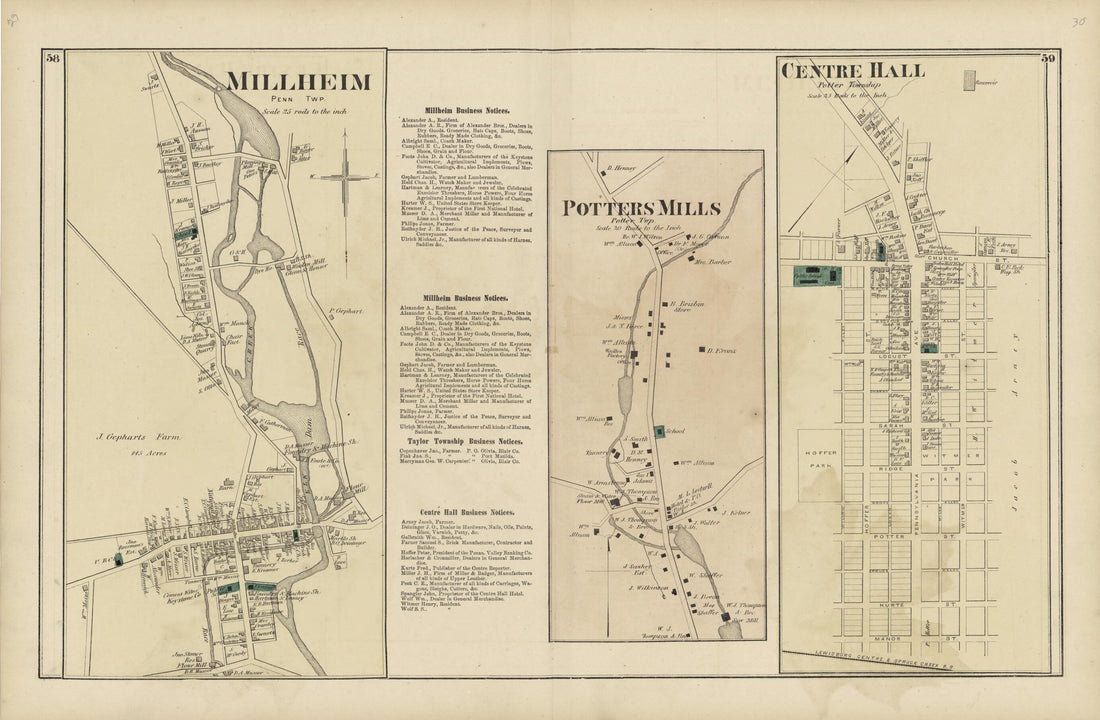 This old map of Millheim; Potters Mills; Centre Hall from Atlas of Centre County, Pennsylvania from 1874 was created by Beach Nichols in 1874