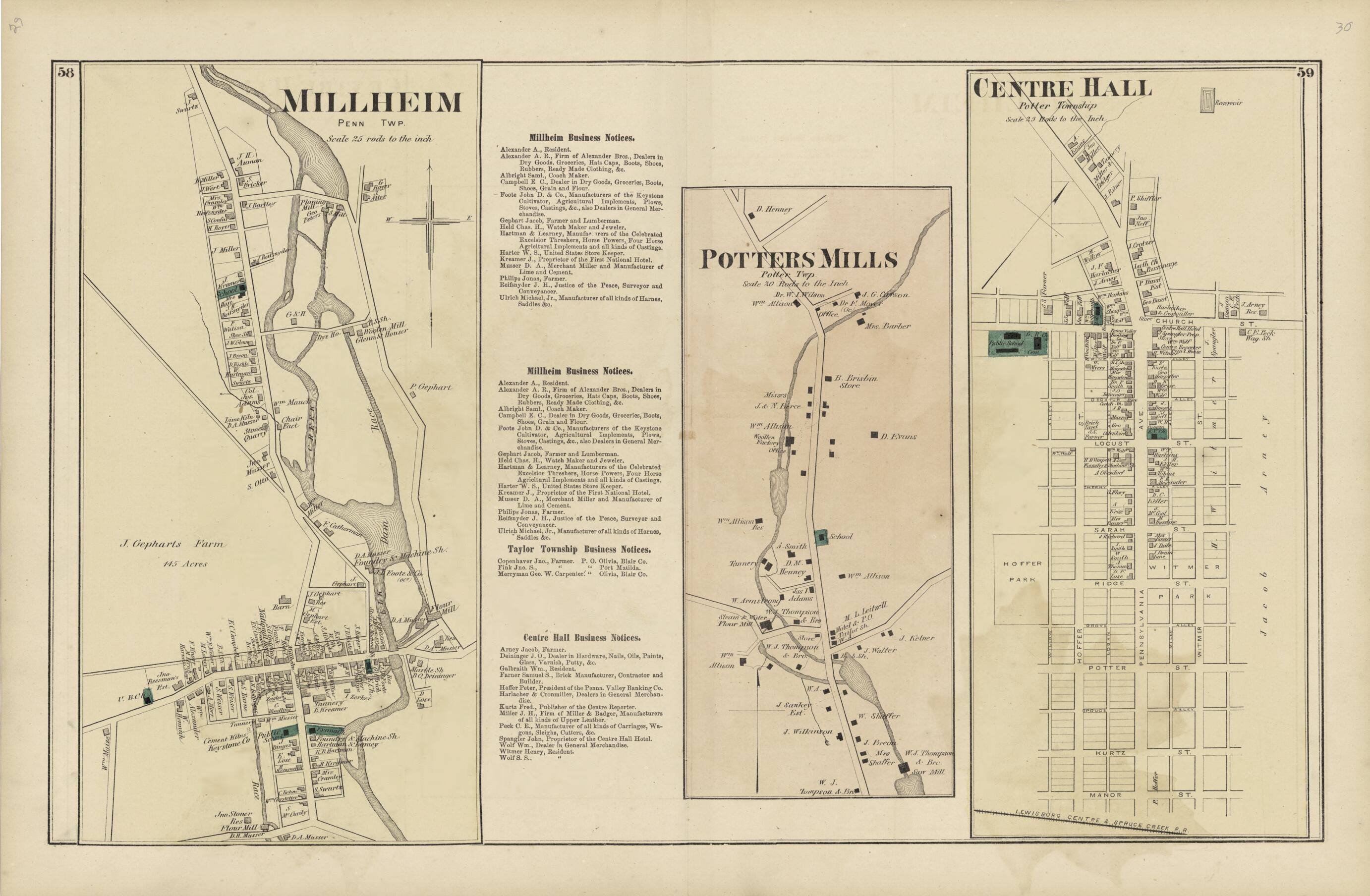 This old map of Millheim; Potters Mills; Centre Hall from Atlas of Centre County, Pennsylvania from 1874 was created by Beach Nichols in 1874