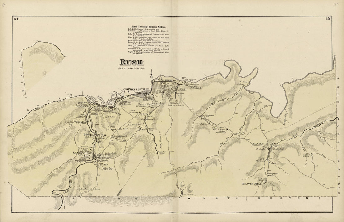 This old map of Rush from Atlas of Centre County, Pennsylvania from 1874 was created by Beach Nichols in 1874