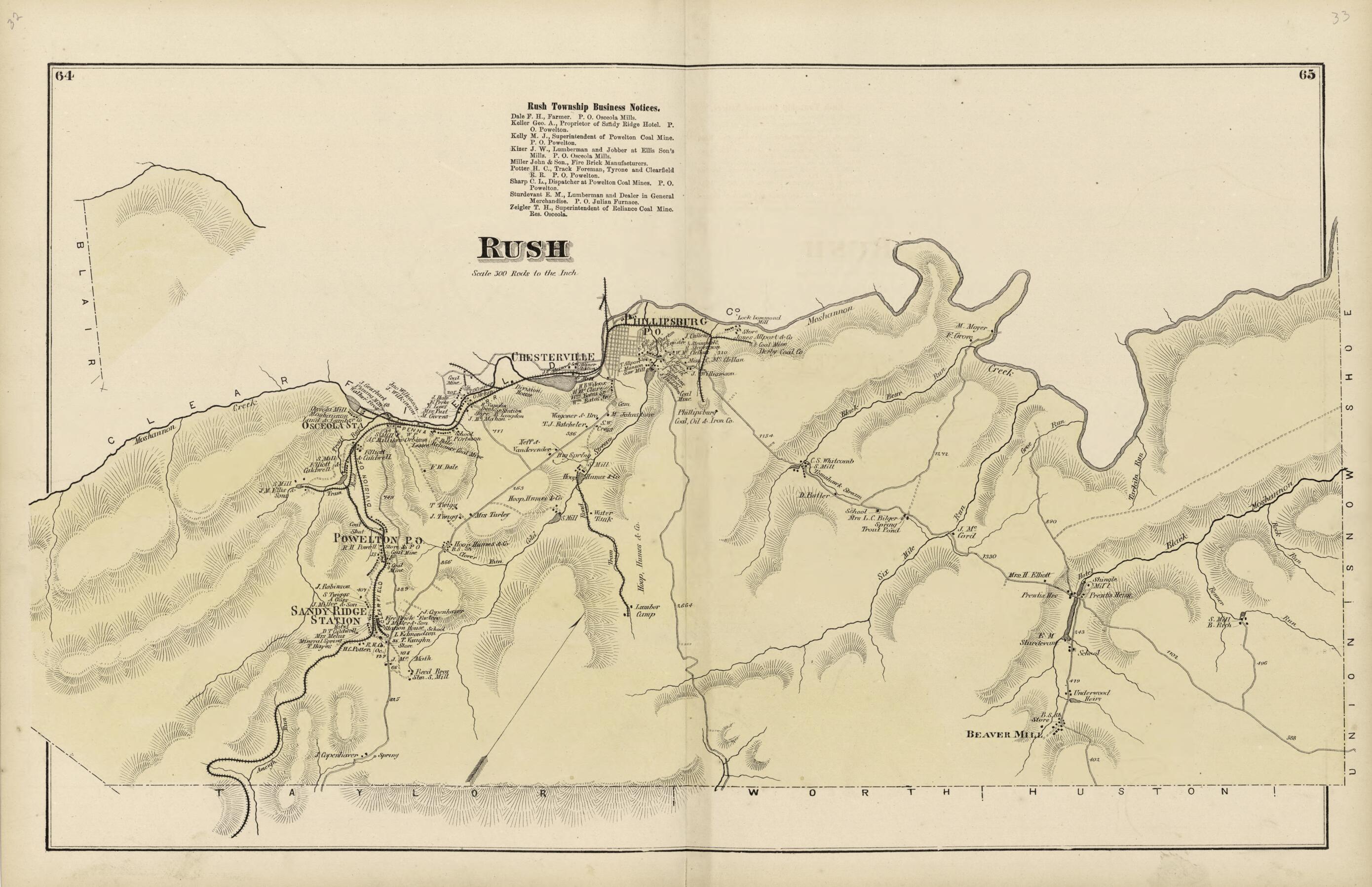 This old map of Rush from Atlas of Centre County, Pennsylvania from 1874 was created by Beach Nichols in 1874