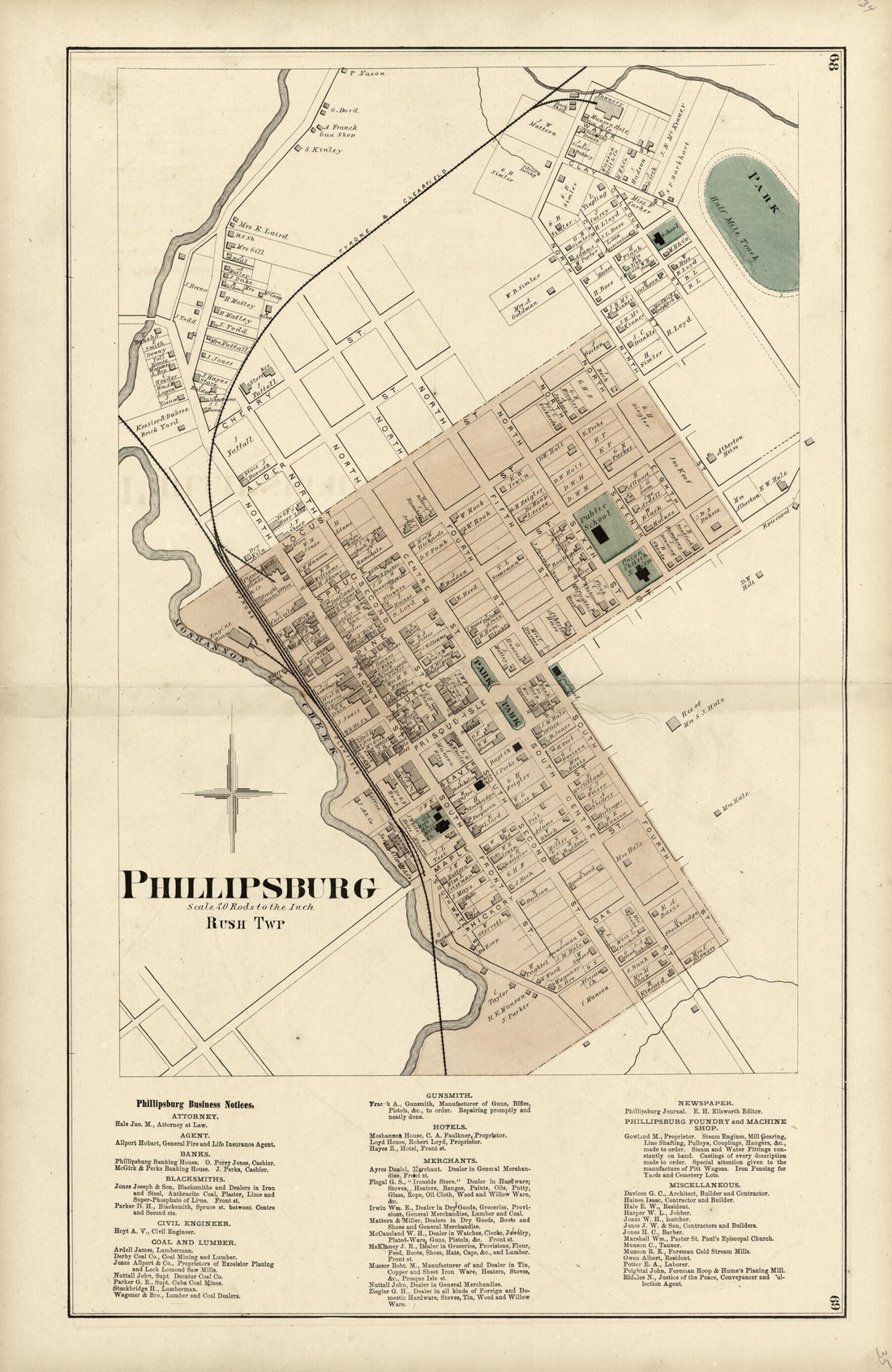 This old map of Phillipsburg from Atlas of Centre County, Pennsylvania from 1874 was created by Beach Nichols in 1874