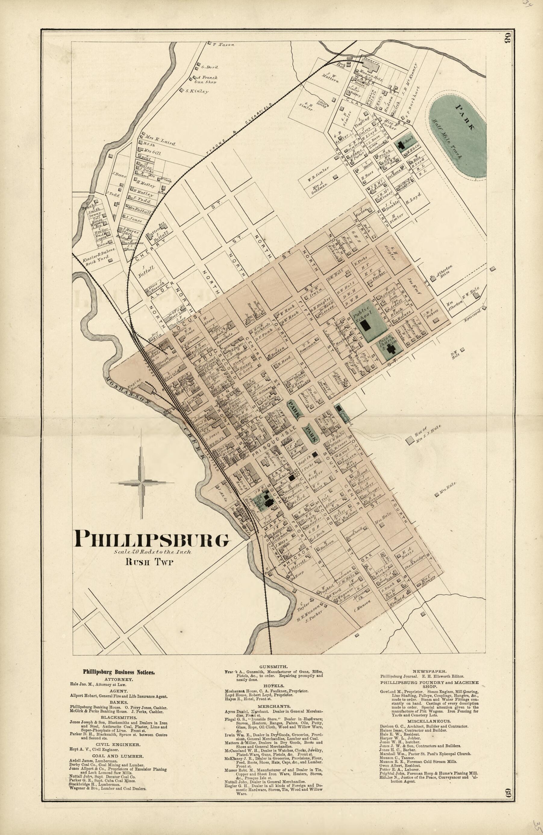 This old map of Phillipsburg from Atlas of Centre County, Pennsylvania from 1874 was created by Beach Nichols in 1874