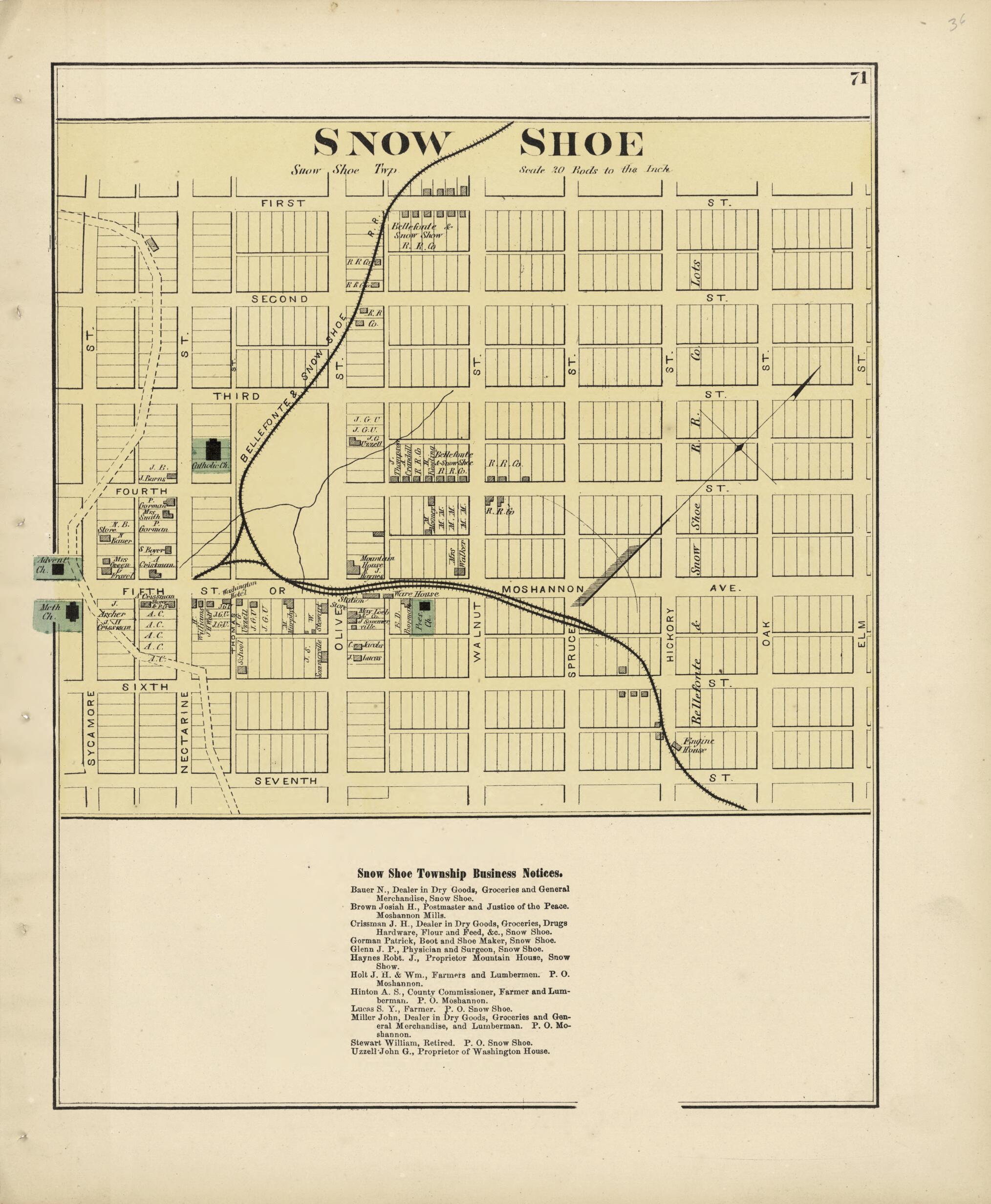This old map of Snow Shoe from Atlas of Centre County, Pennsylvania from 1874 was created by Beach Nichols in 1874
